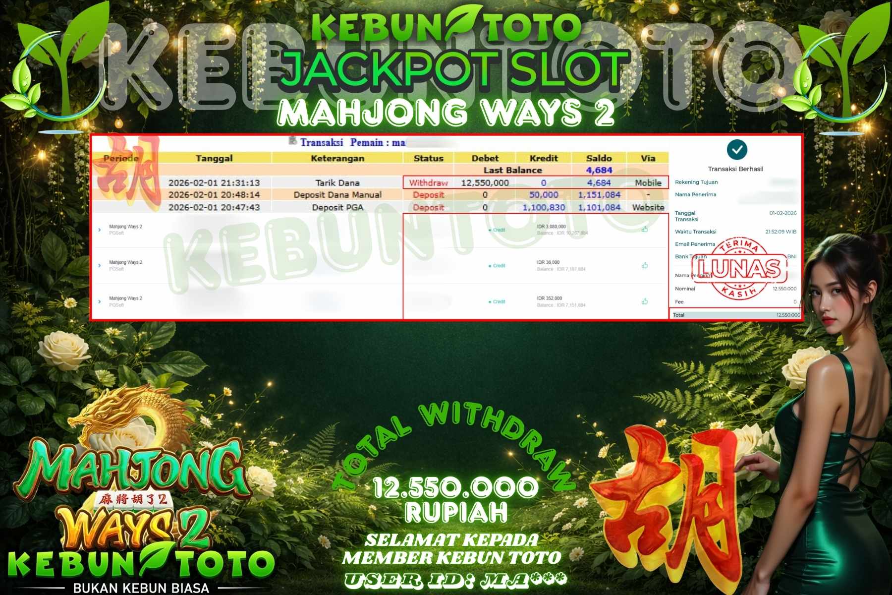 Bukti Kemenangan Rp 12.550.000 SLOT MAHJONG WAYS 2 di KEBUNTOTO!