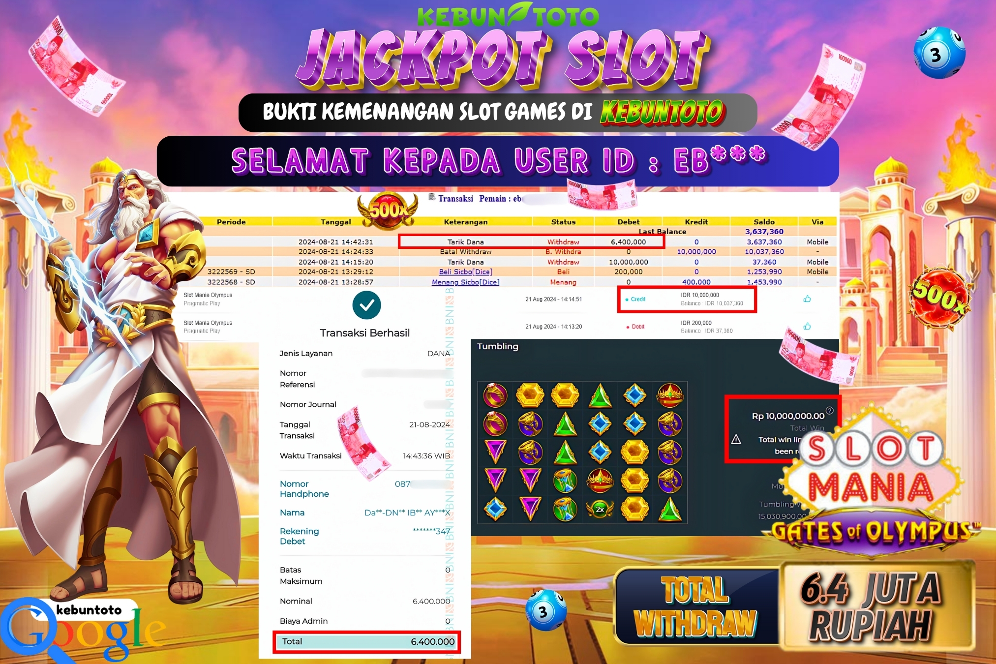 KEBUNTOTO JACKPOT SLOT MANIA OLYMPUS Rp.6.400.000,- LUNAS