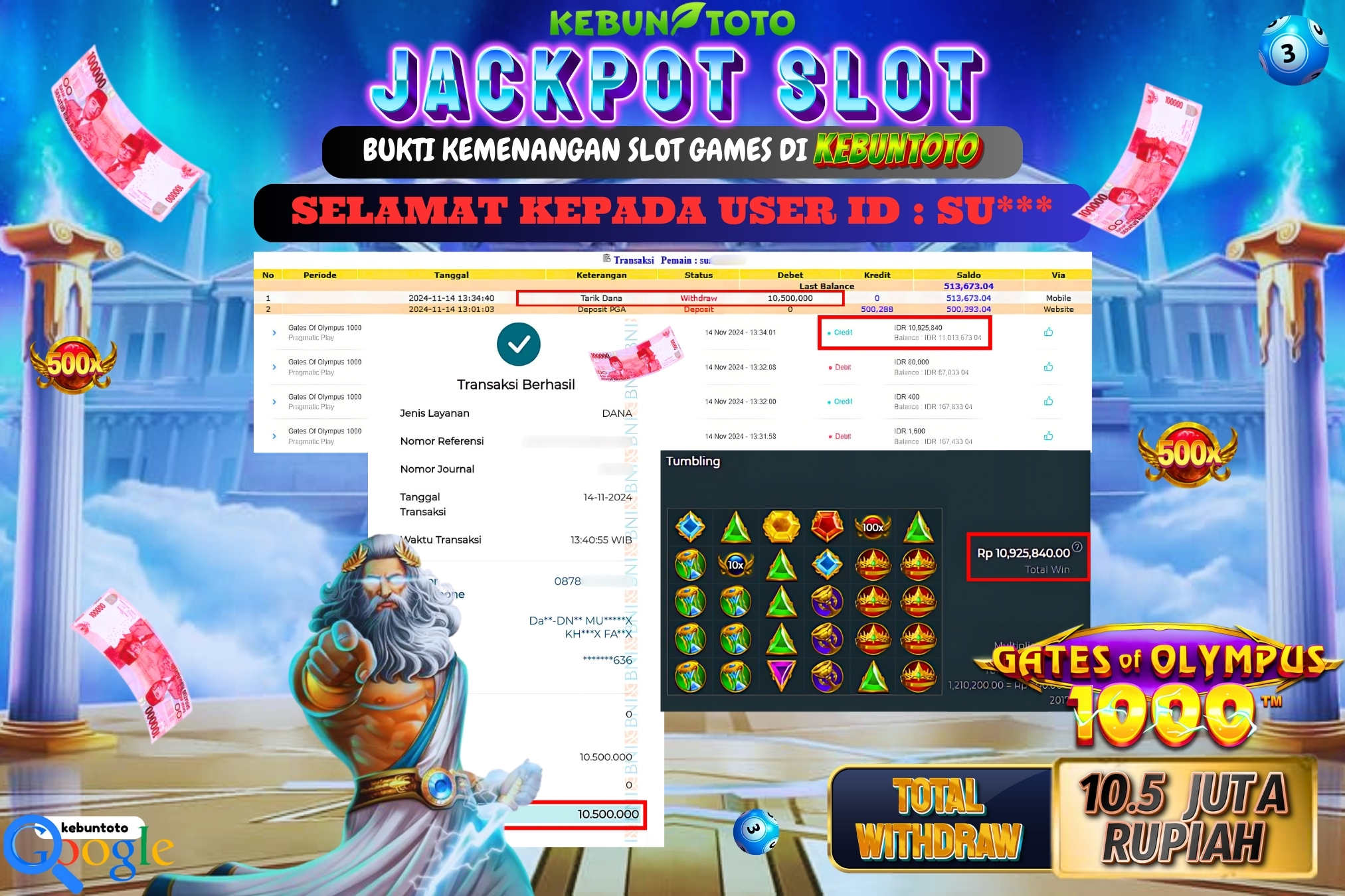 KEBUNTOTO JACKPOT SLOT GATES OF OLYMPUS 1000 Rp.10.500.000,- LUNAS