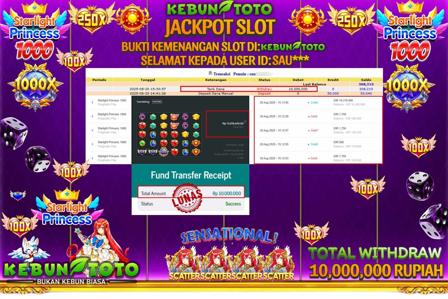 Bukti Kemenangan Rp 10.000.000 SLOT STARLIGHT PRINCESS 1000 di KEBUNTOTO!