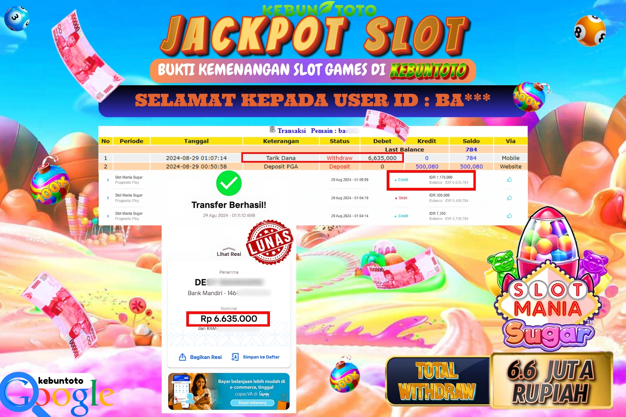 KEBUNTOTO JACKPOT SLOT MANIA SUGAR Rp.6.635.000,- LUNAS