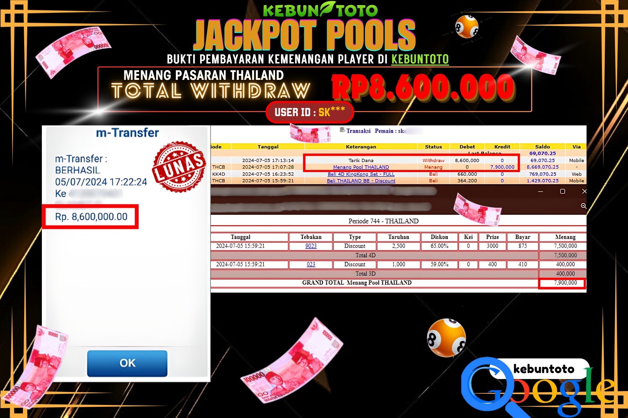 KEBUNTOTO JACKPOT TOGEL PASARAN THAILAND Rp.8.600.000,- LUNAS