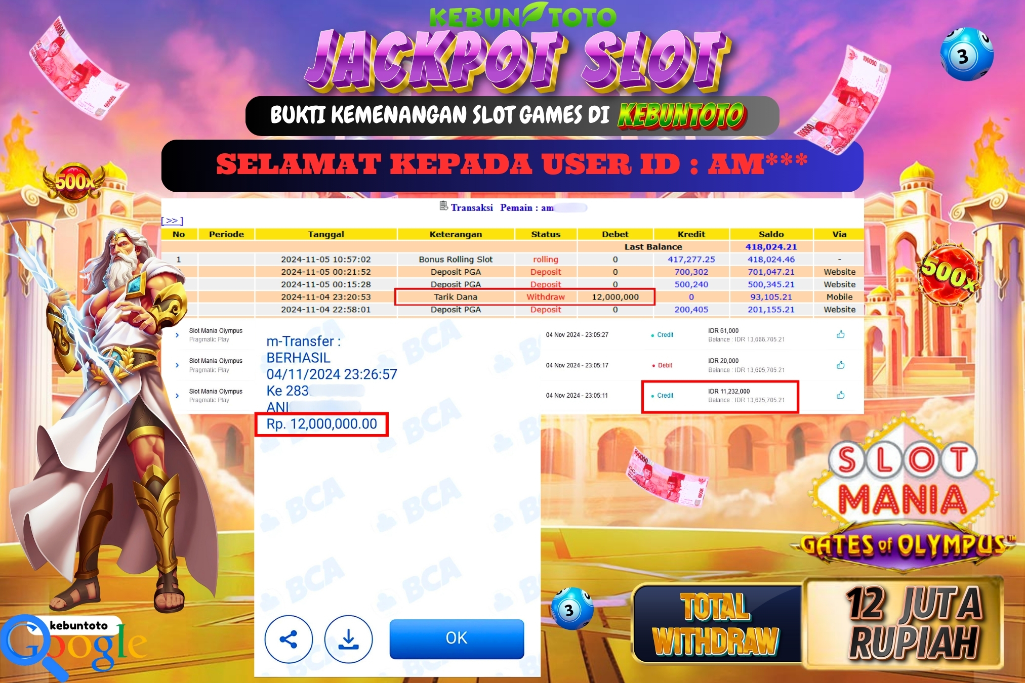 KEBUNTOTO JACKPOT SLOT MANIA OLYMPUS Rp.12.000.000,- LUNAS