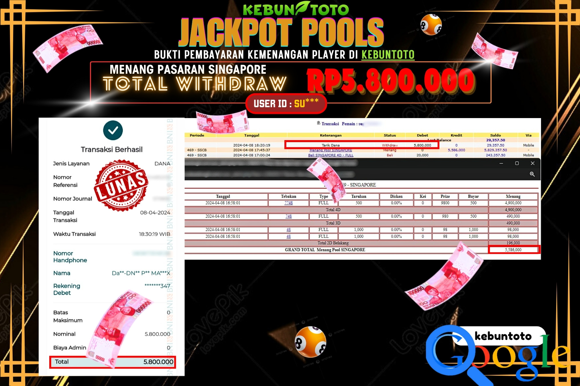 KEBUNTOTO JACKPOT TOGEL PASARAN SINGAPORE Rp.5.800.000,- LUNAS