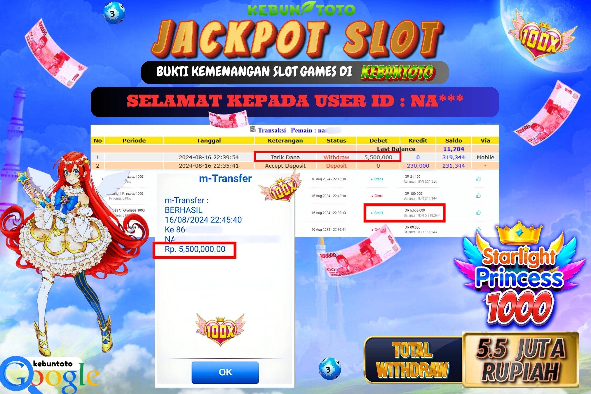 KEBUNTOTO JACKPOT SLOT STARLIGHT PRINCESS 1000 Rp.5.500.000,- LUNAS