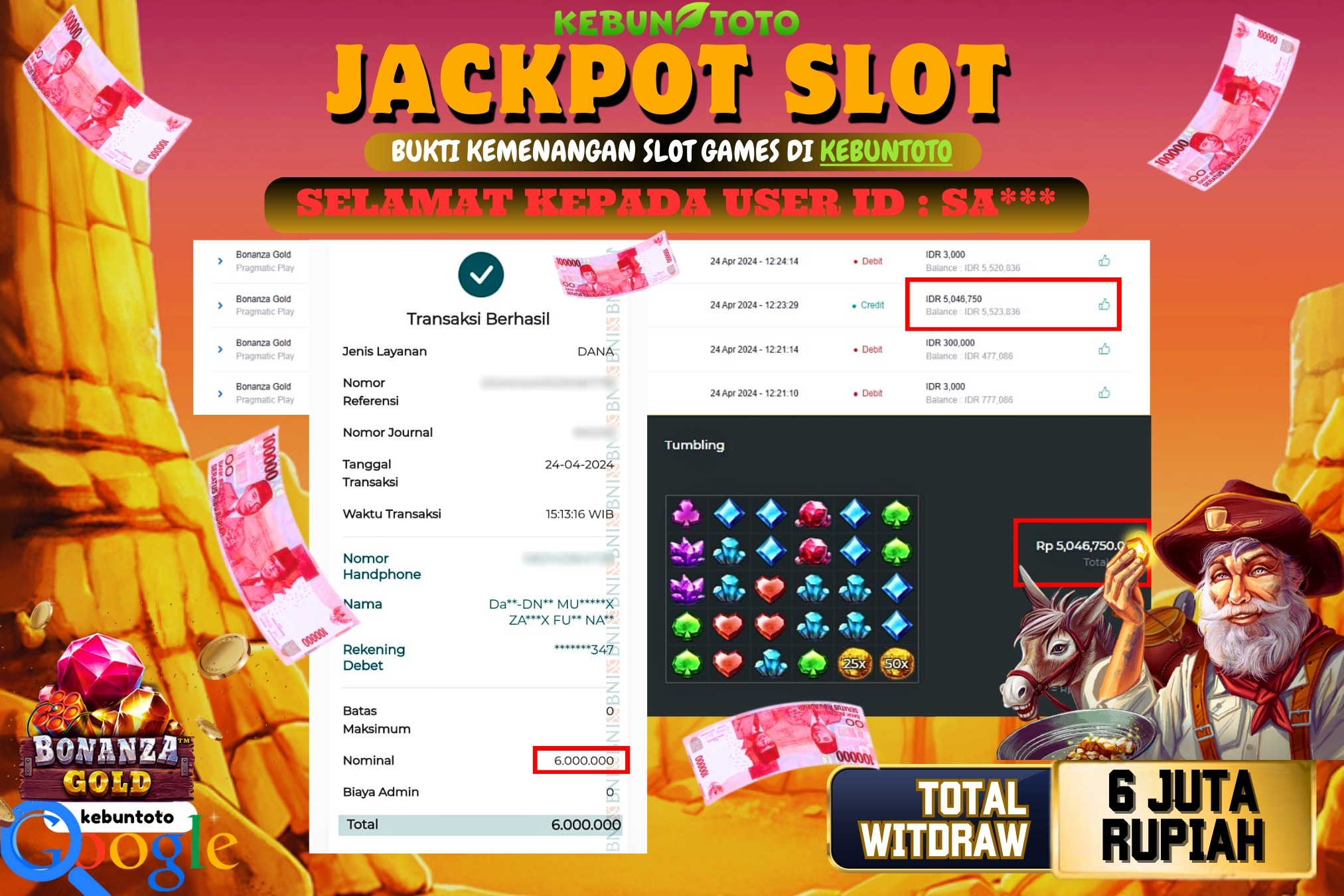 KEBUNTOTO JACKPOT SLOT BONANZA GOLD Rp.6.000.000,- LUNAS