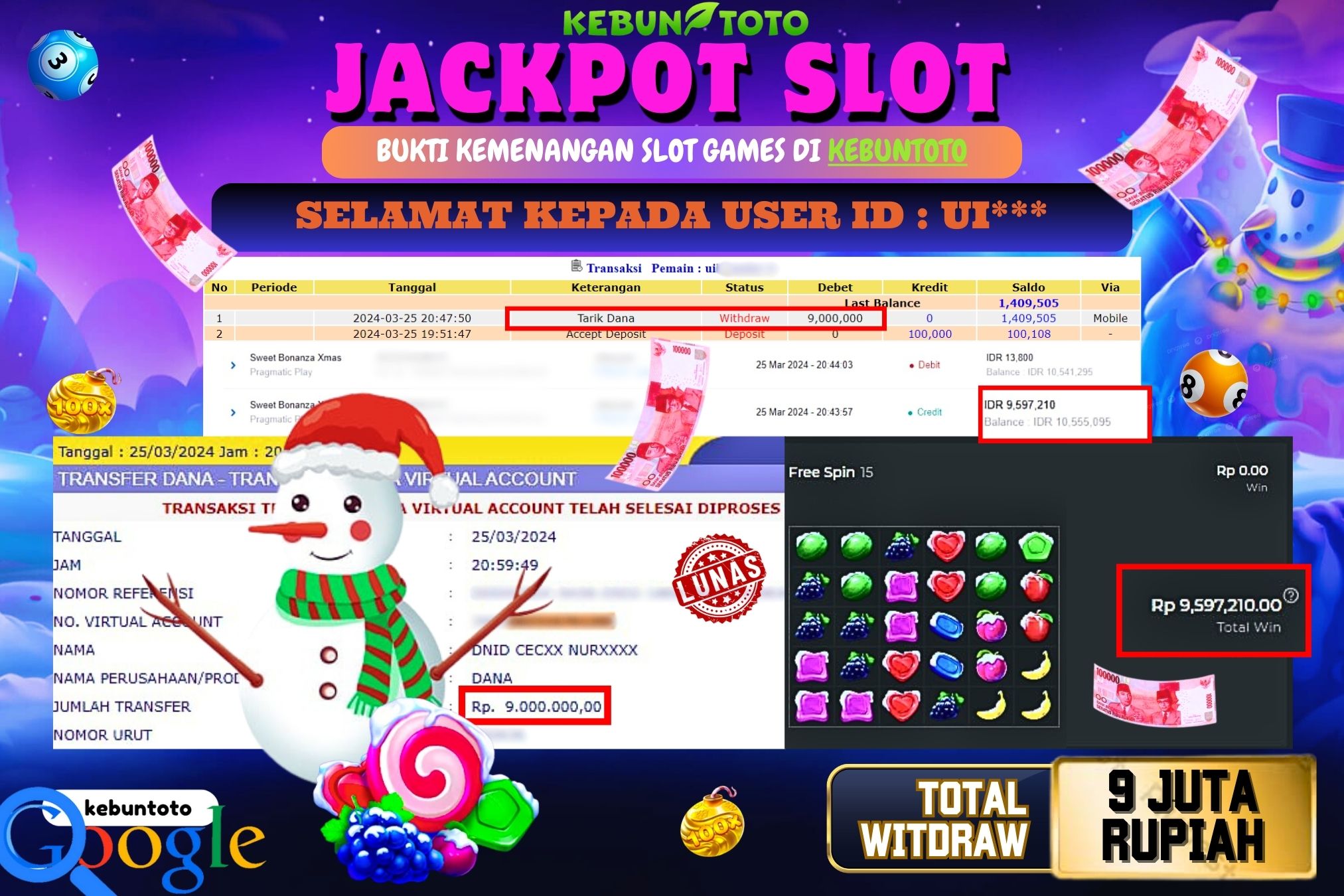 KEBUNTOTO JACKPOT SLOT SWEET BONANZA XMAS Rp.9.000.000,- LUNAS