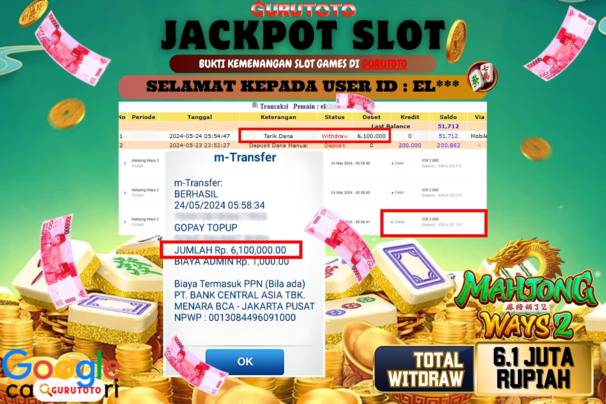Jackpot Slot MAHJONG WAYS 2. di Gurutoto sebesar Rp.6.100.000 dibayar lunas.