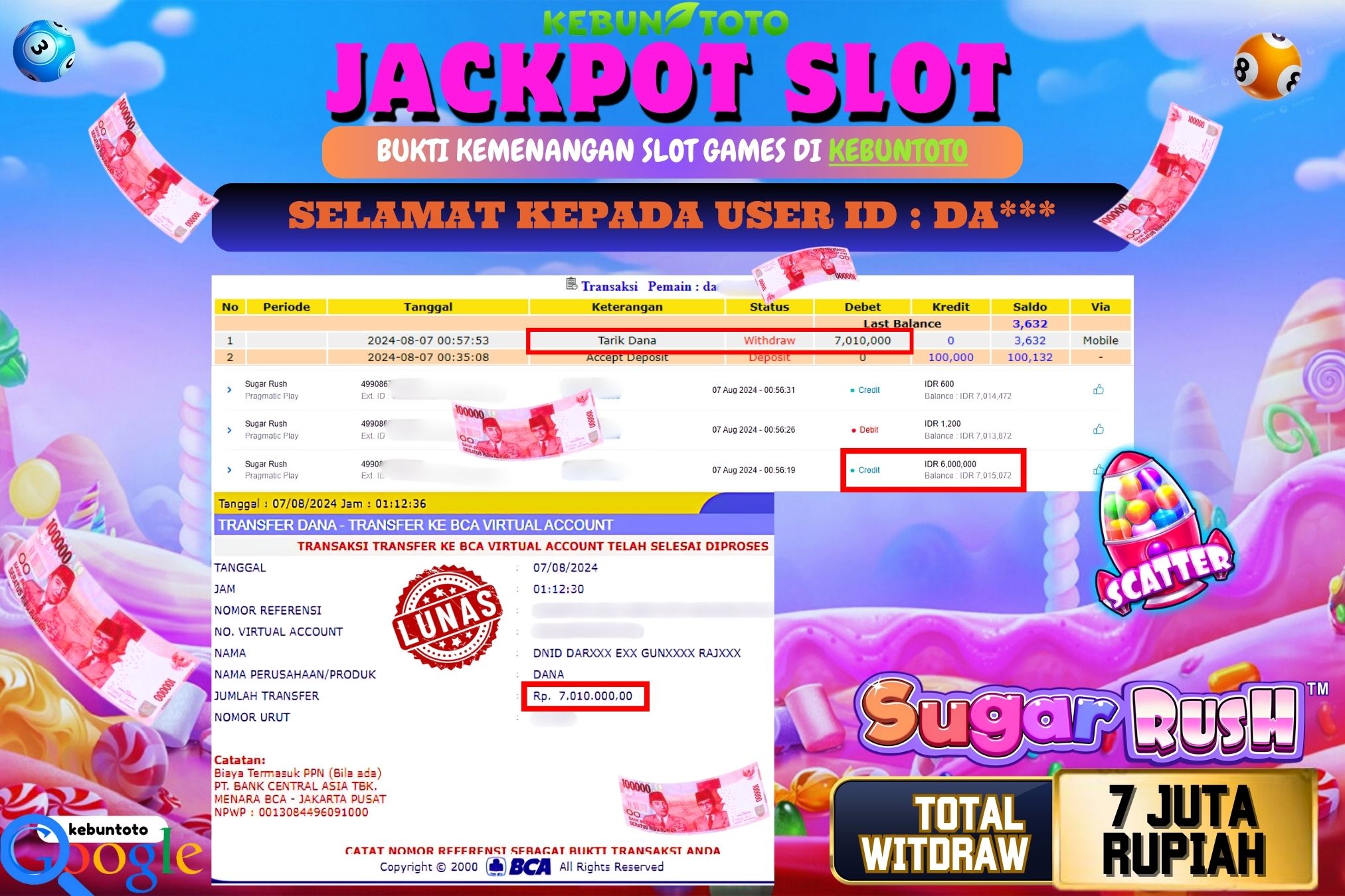KEBUNTOTO JACKPOT SLOT SUGAR RUSH Rp.7.000.000,- LUNAS
