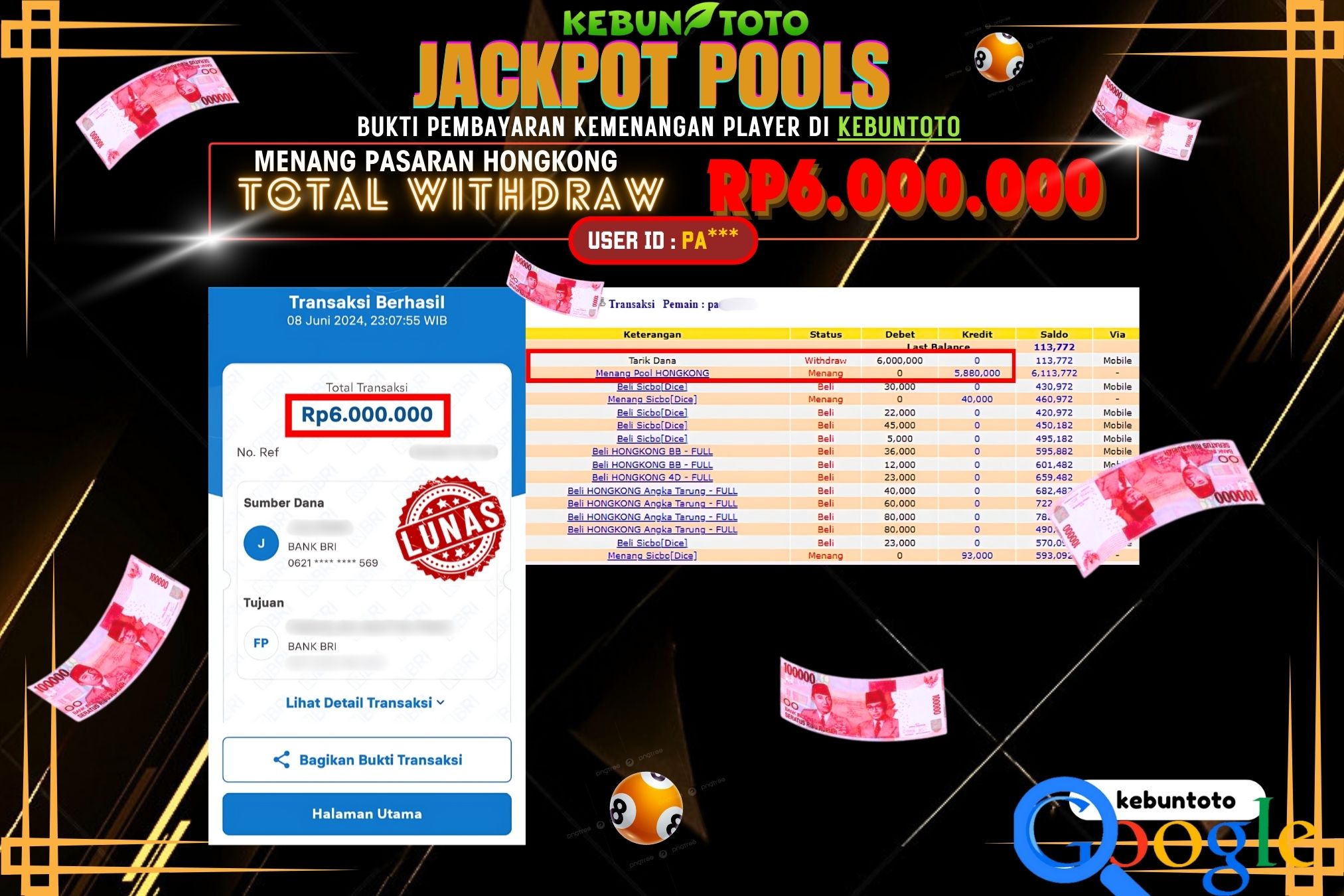 KEBUNTOTO JACKPOT TOGEL PASARAN HONGKONG Rp.6.000.000,- LUNAS