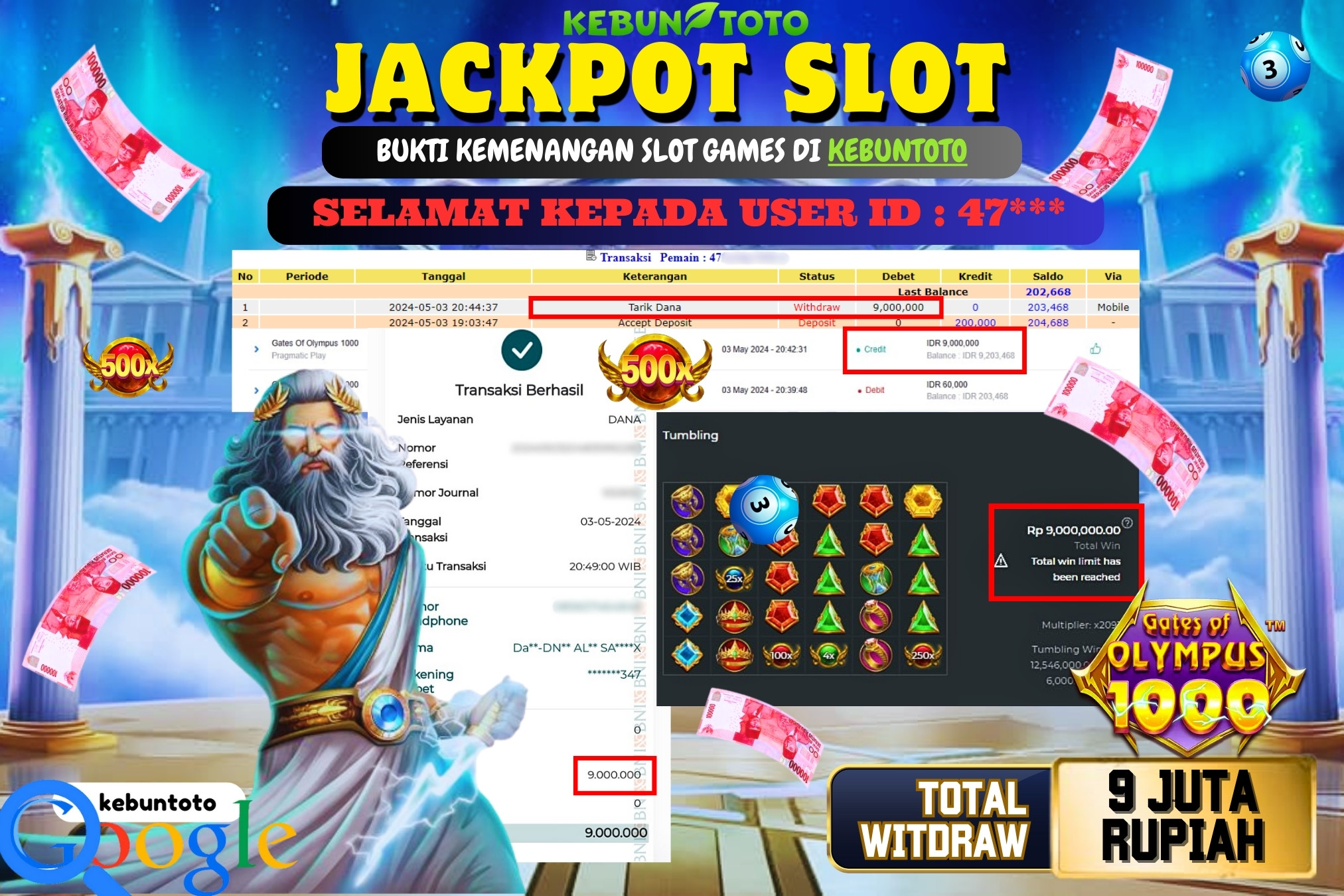 KEBUNTOTO JACKPOT SLOT GATES OF OLYMPUS 1000 Rp.9.000.000,- LUNAS