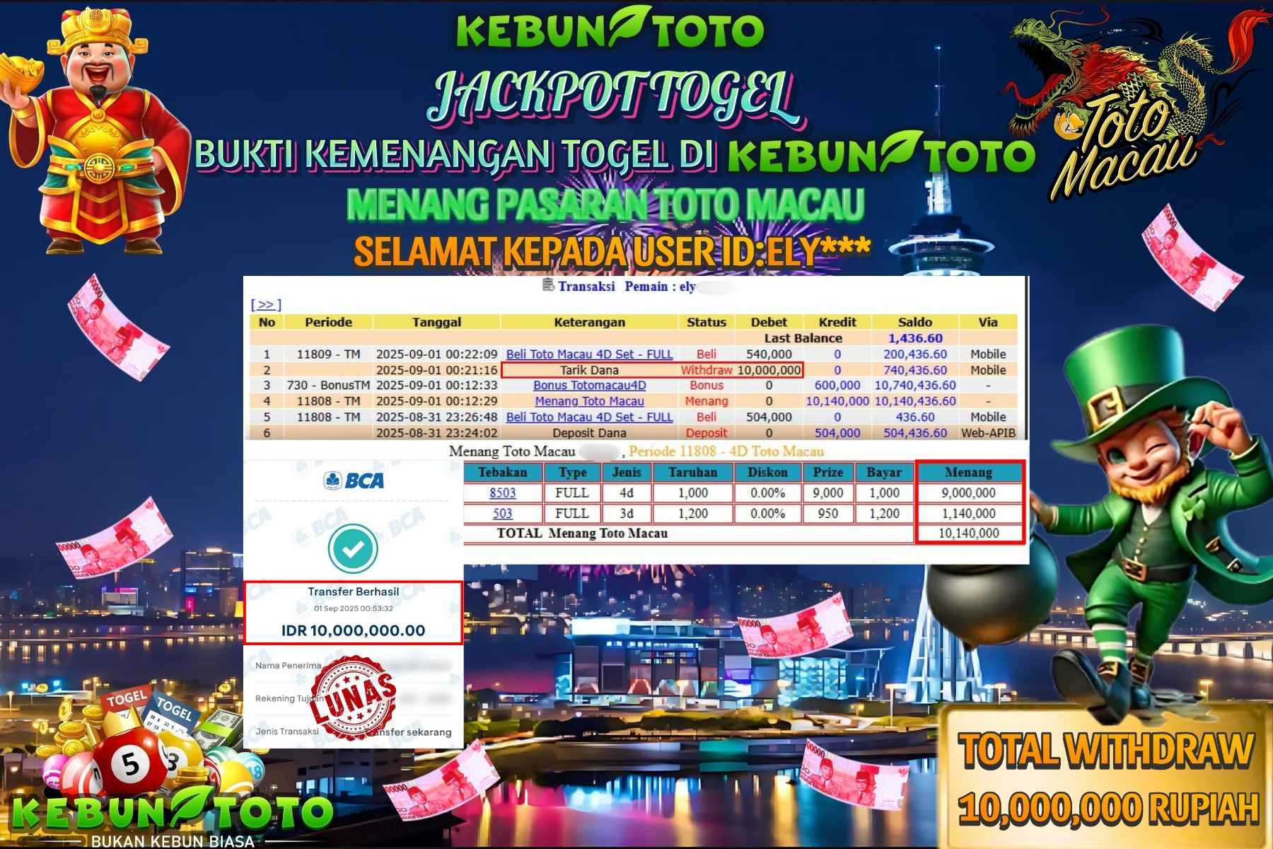 Bukti Kemenangan Rp 10.000.000 TOGEL TOTO MACAU di KEBUNTOTO!