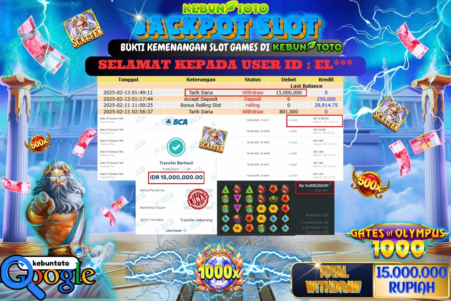 KEBUNTOTO JACKPOT, SLOT GATES OF OLYMPUS 1000 , Sebesar Rp 15.000.000,- LUNAS