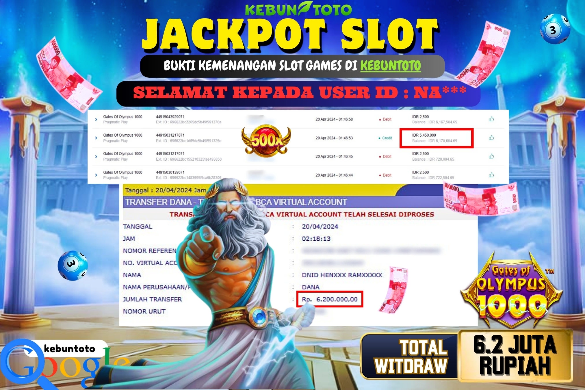 KEBUNTOTO JACKPOT SLOT GATES OF OLYMPUS 1000 Rp.6.200.000,- LUNAS