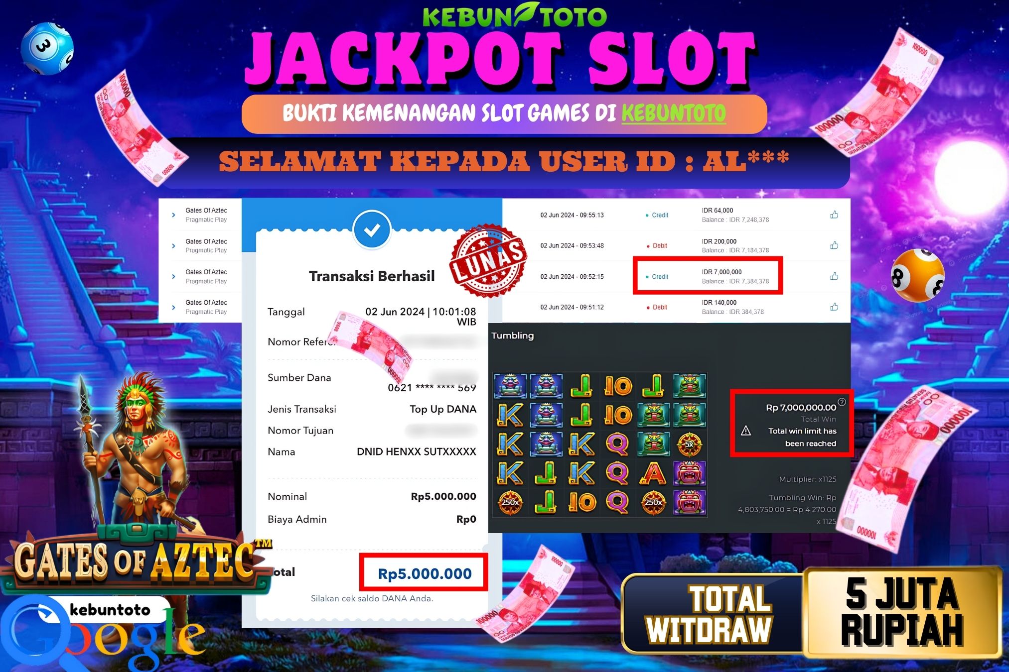 KEBUNTOTO JACKPOT SLOT GATES OF AZTEC Rp.5.000.000,- LUNAS