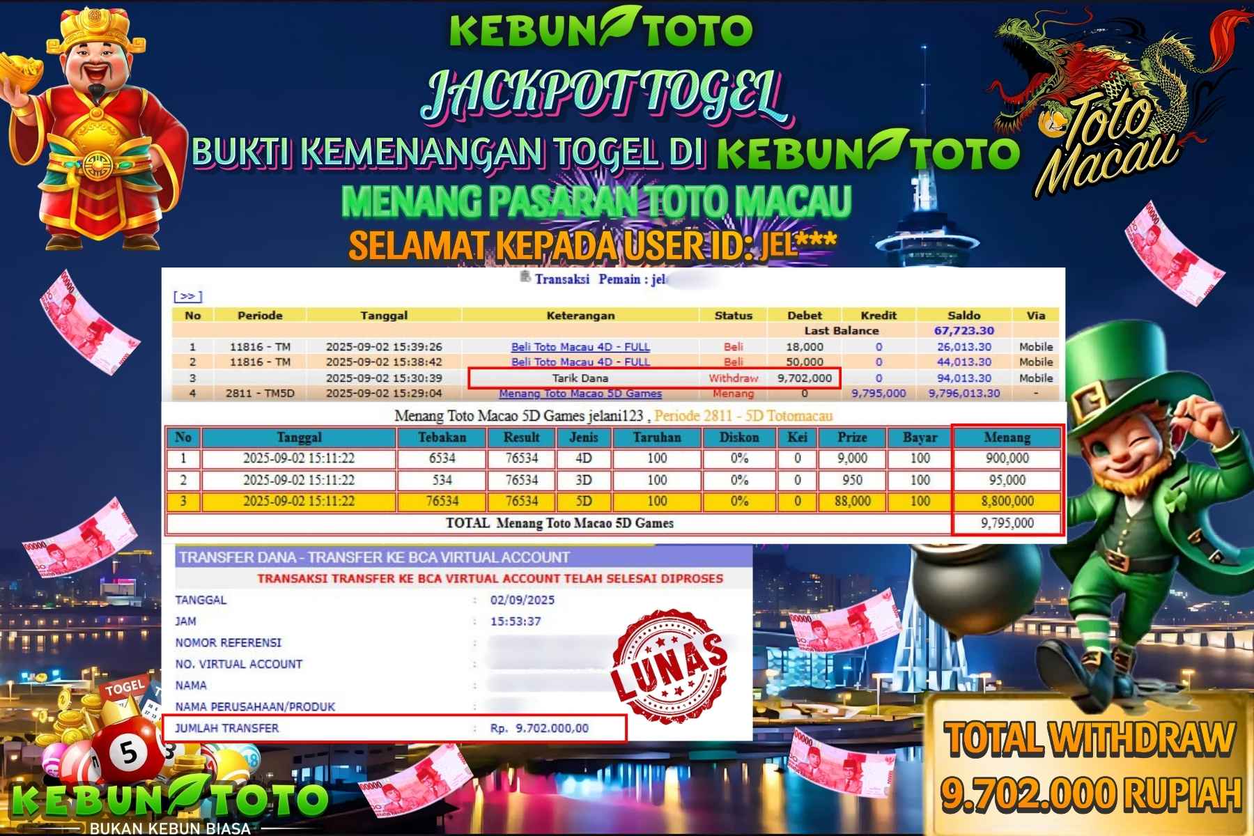 Bukti Kemenangan Rp 9.702.000 TOGEL TOTO MACAU di KEBUNTOTO!