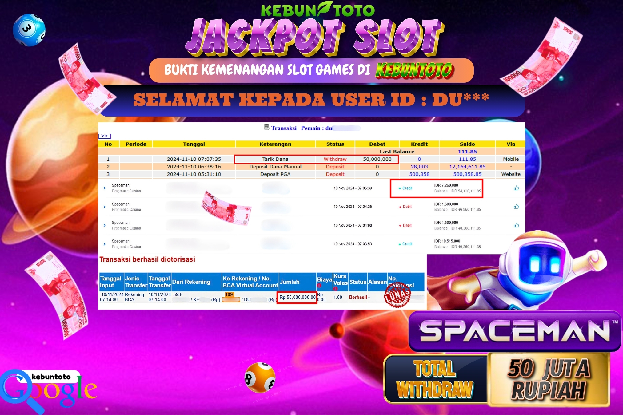 KEBUNTOTO JACKPOT SLOT SPACEMAN Rp.50.000.000,- LUNAS