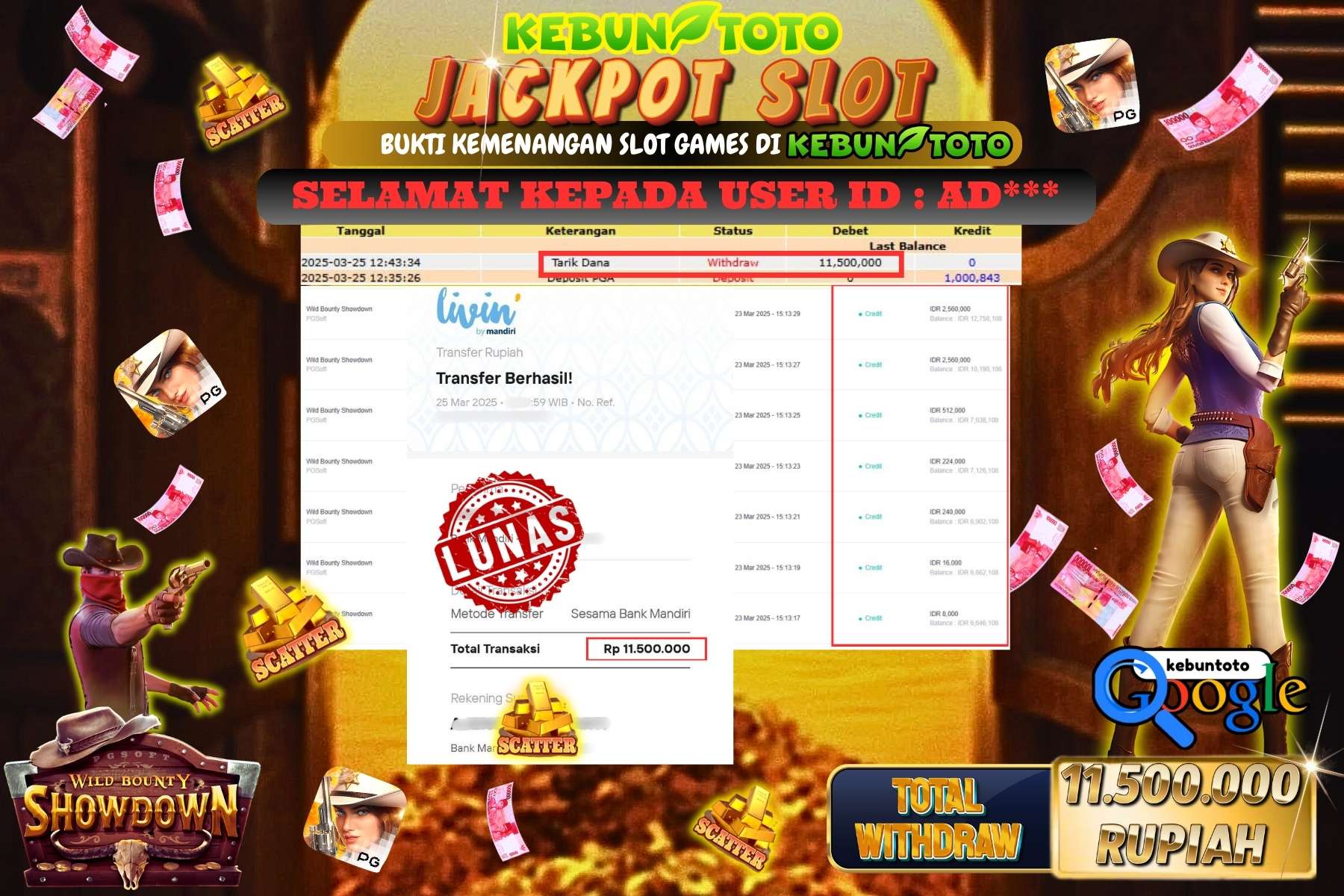 KEBUNTOTO JACKPOT, SLOT WILD BOUNTY SHOWDOWN , Sebesar Rp 11.500.000,- LUNAS