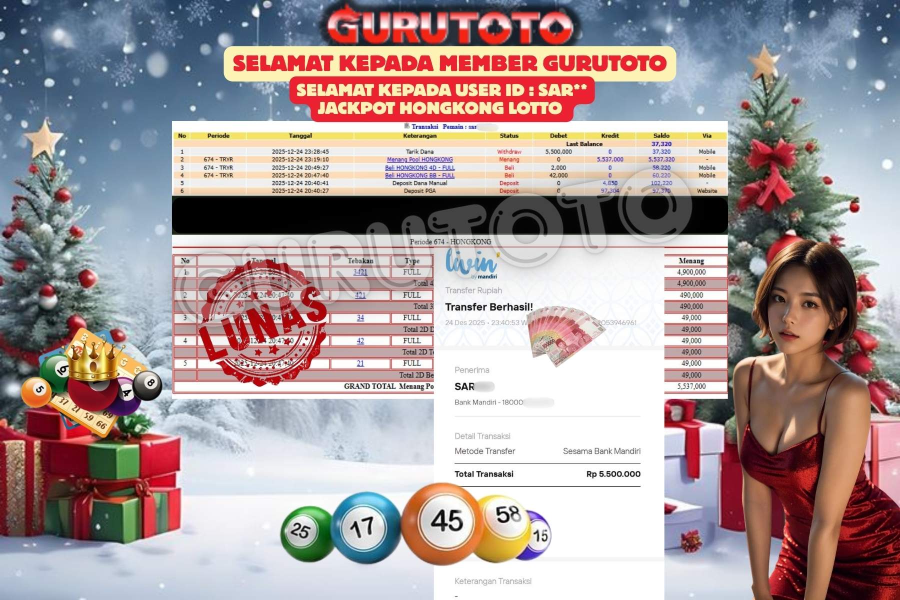 Bukti Kemenangan Rp 5.500.000 JACKPOT HONGKONG LOTTO di GURUTOTO!