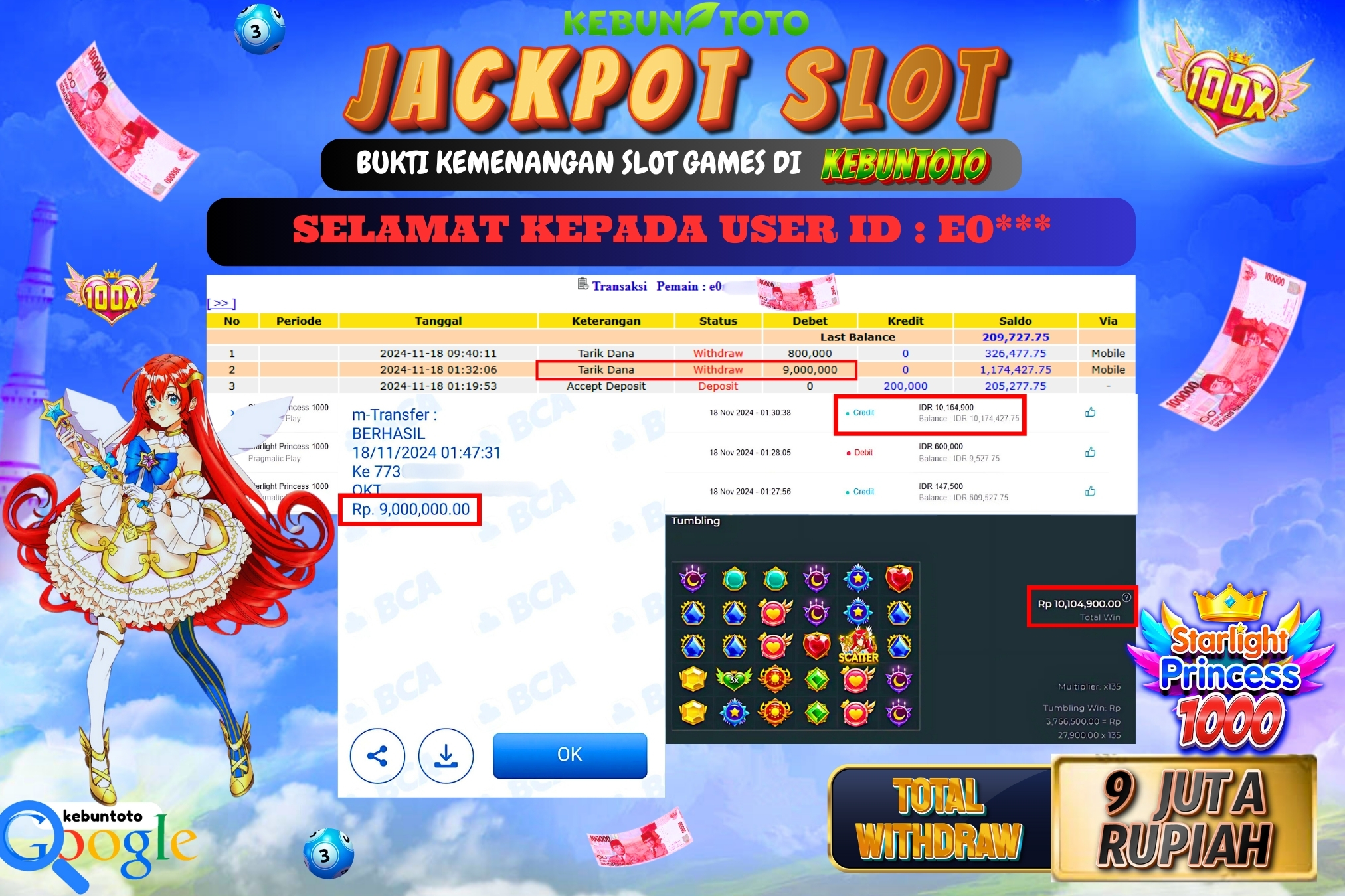 KEBUNTOTO JACKPOT SLOT STARLIGHT PRINCESS 1000 Rp.9.000.000,- LUNAS