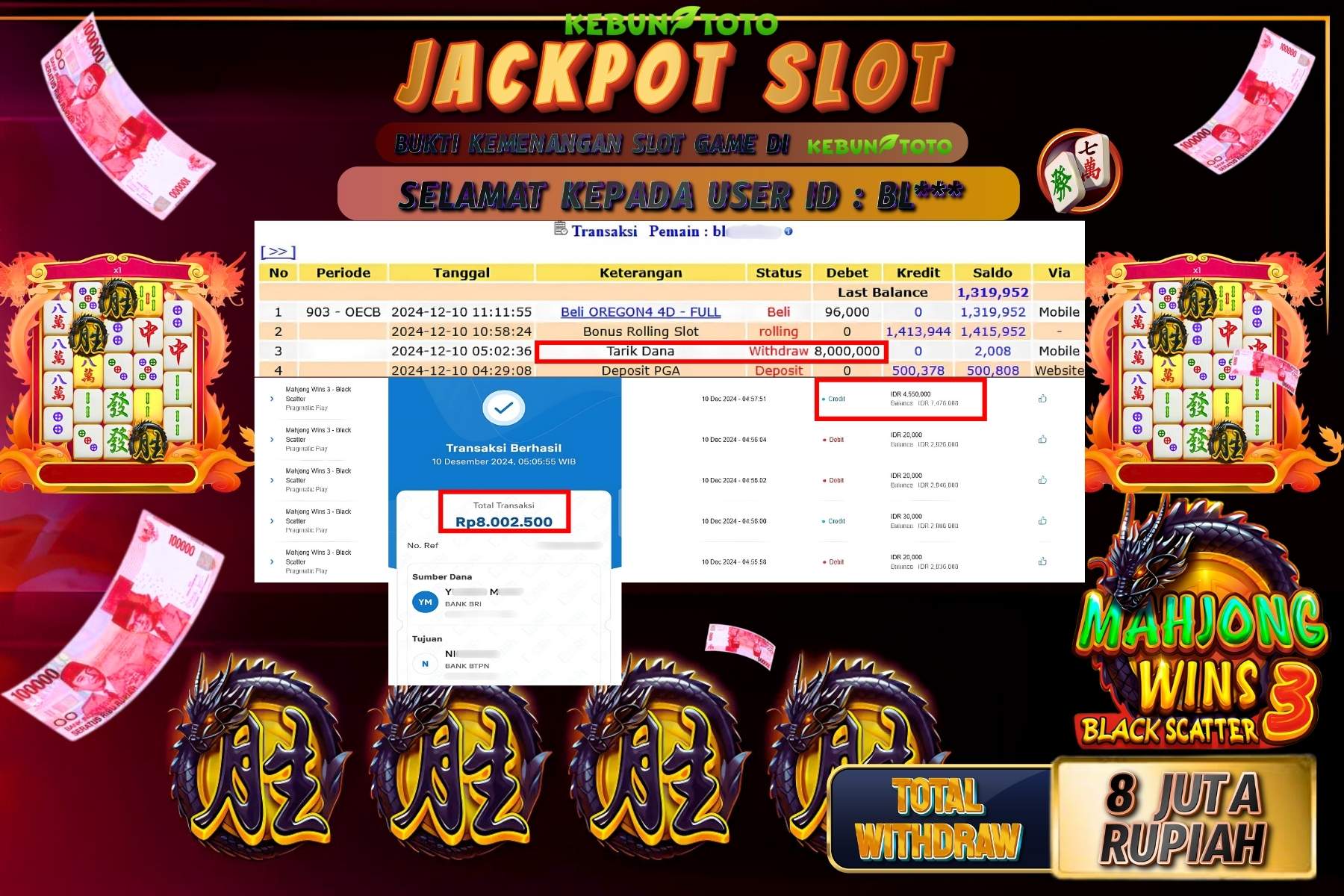 KEBUNTOTO JACKPOT SLOT MAHJONG WINS 3 BLACK SCATTER, Sebesar Rp.8.000.000,- LUNAS