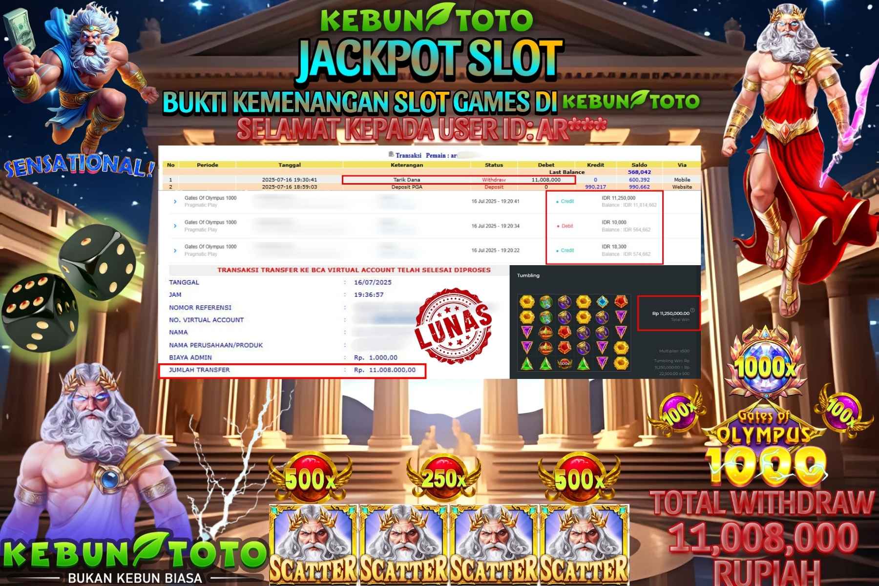 Bukti Kemenangan Rp 11.008.000 SLOT GATES OF OLYMPUS 1000 di KEBUNTOTO!