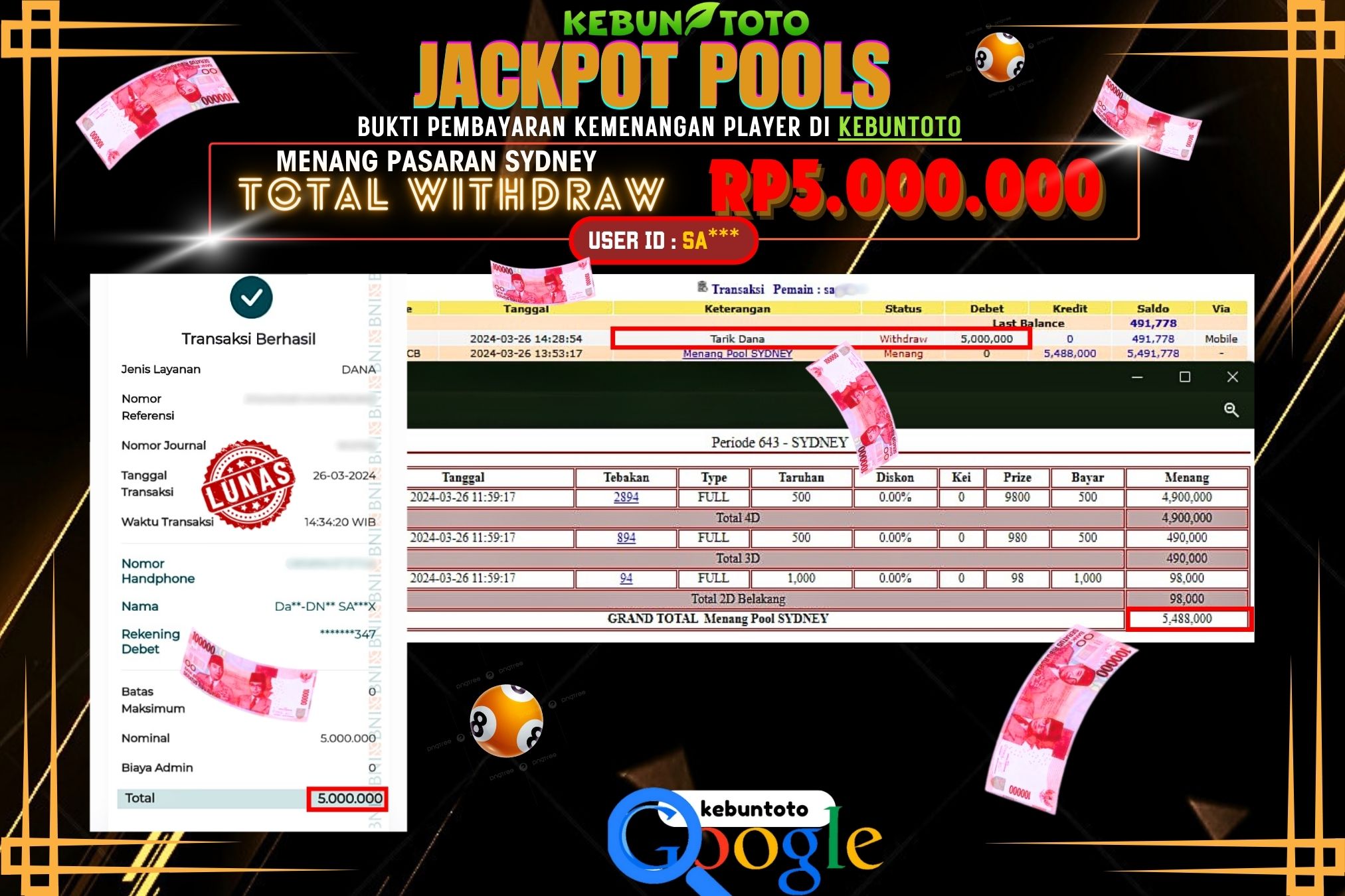 KEBUNTOTO JACKPOT TOGEL PASARAN SYDNEY Rp.5.000.000,- LUNAS