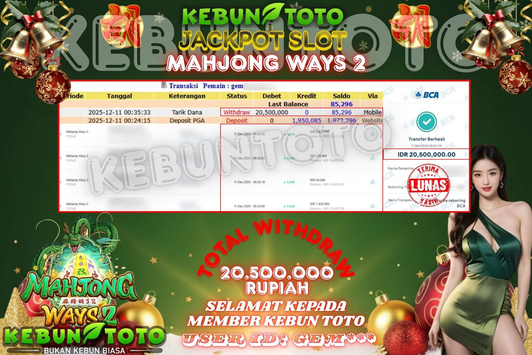 Bukti Kemenangan Rp 20.500.000 SLOT MAHJONG WAYS 2 di KEBUNTOTO!
