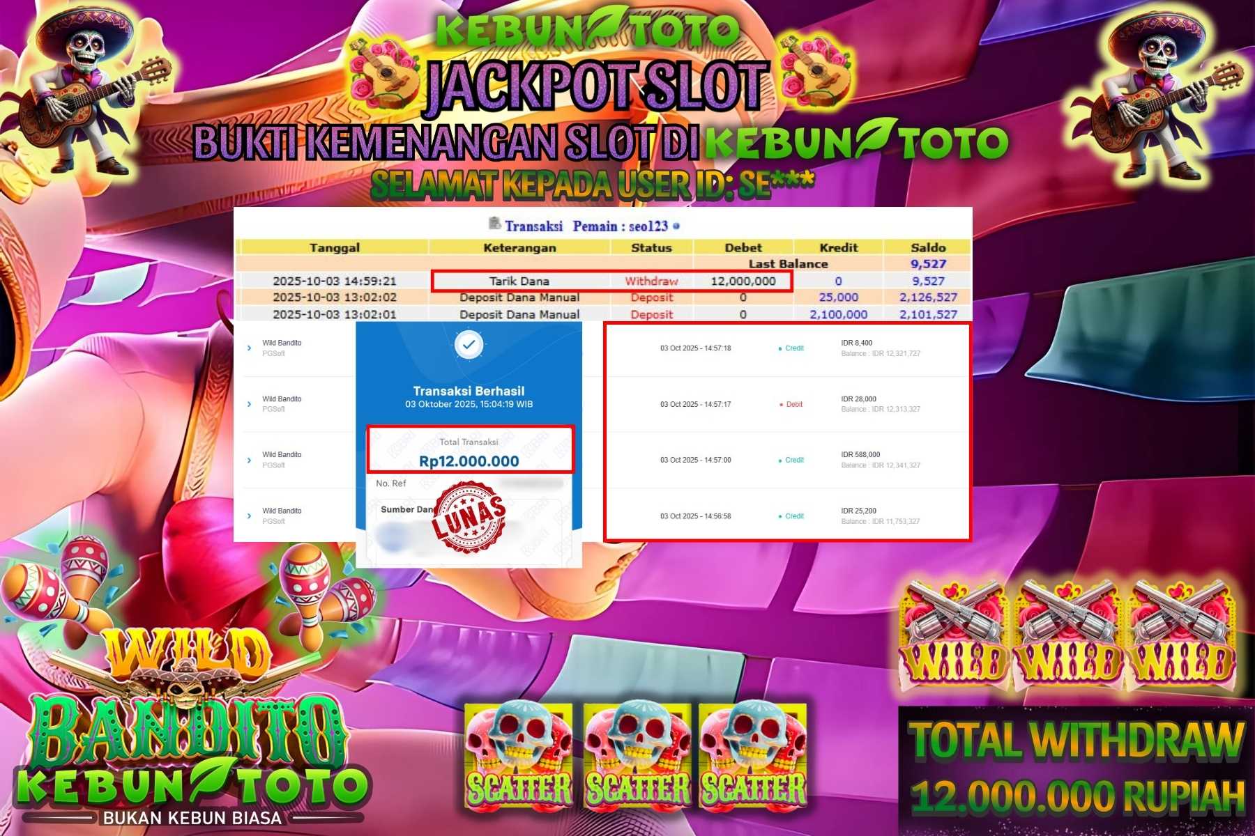 Bukti Kemenangan Rp 12.000.000 SLOT WILD BANDITO di KEBUNTOTO!