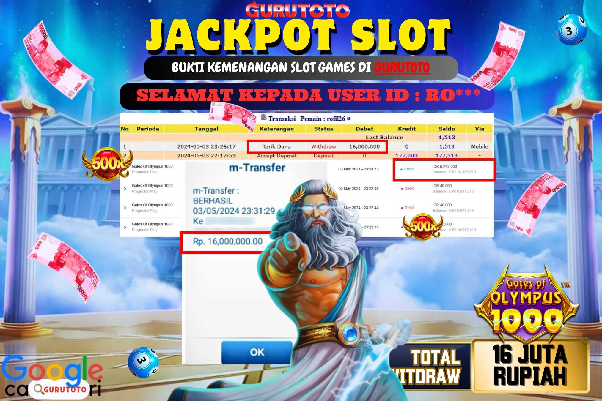 Jackpot Slot GATES OF OLYMPUS di Gurutoto sebesar Rp.16.000.000 dibayar lunas.