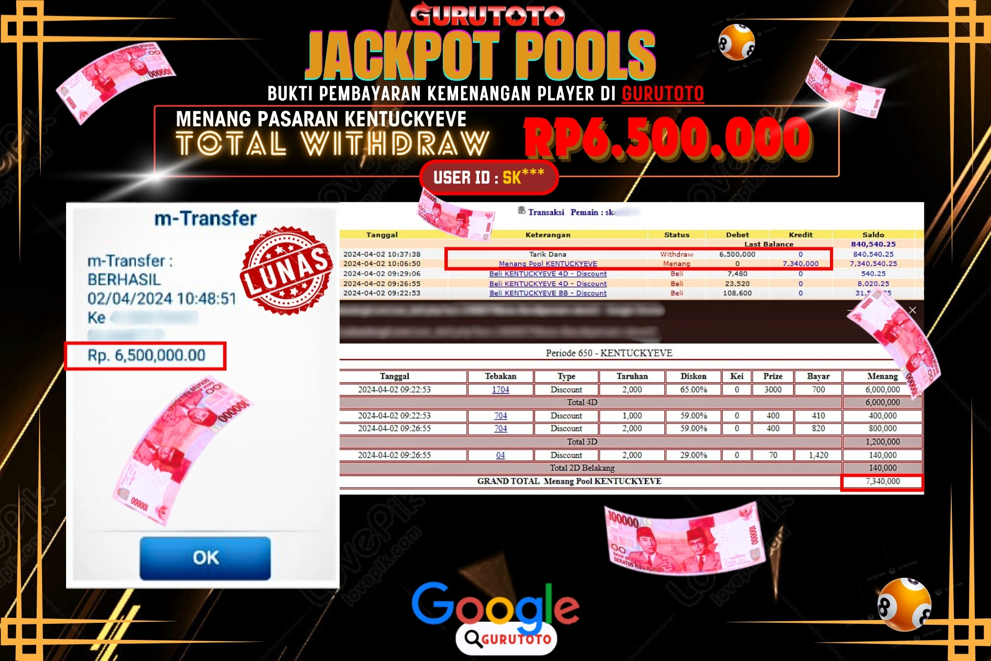 Jackpot  TOGEL KENTUCKYEVE di Gurutoto sebesar Rp.6.500.000 dibayar lunas.