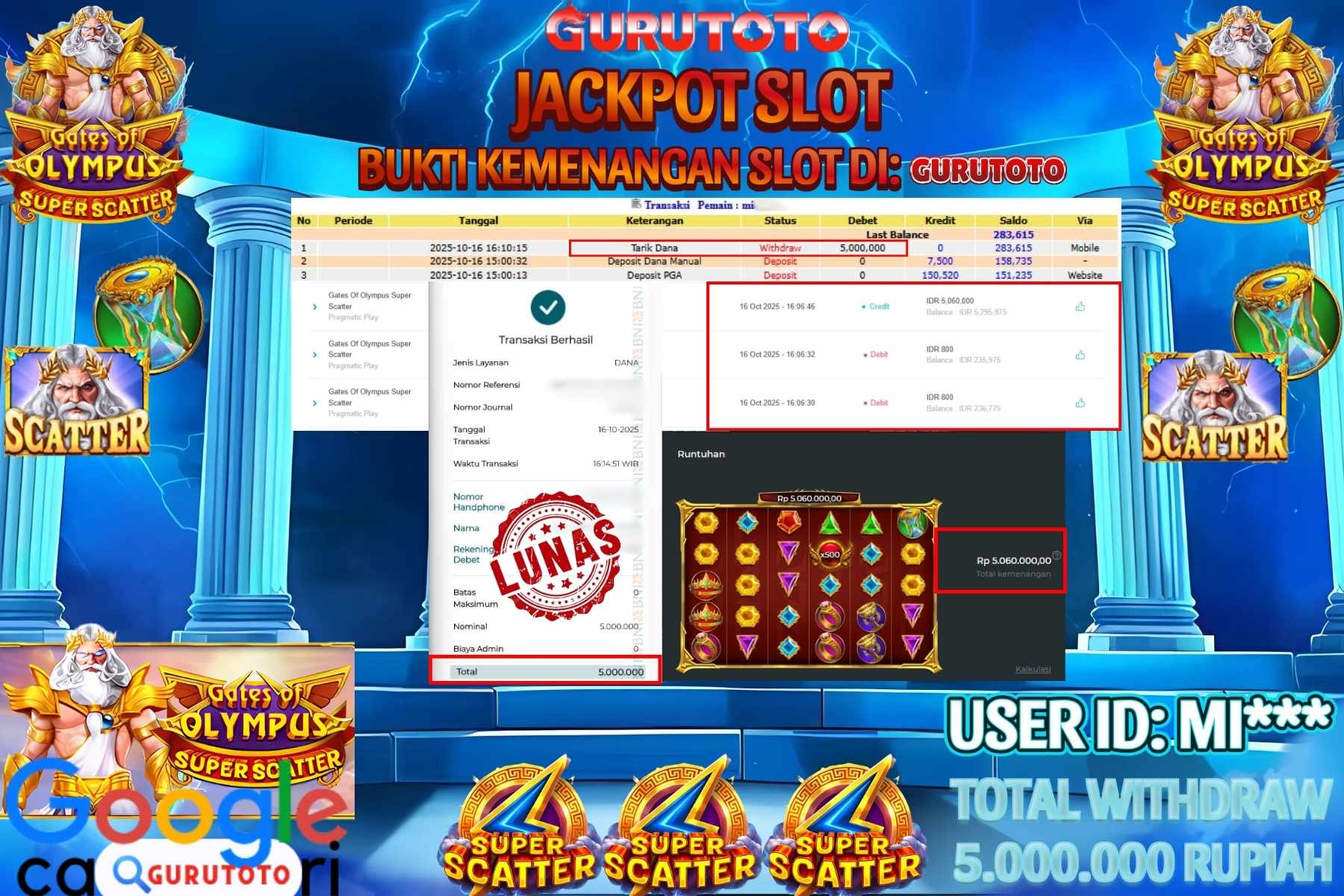 Bukti Kemenangan Rp 5.000.000 SLOT GATES OF OLYMPUS SUPER SCATTER di GURUTOTO!