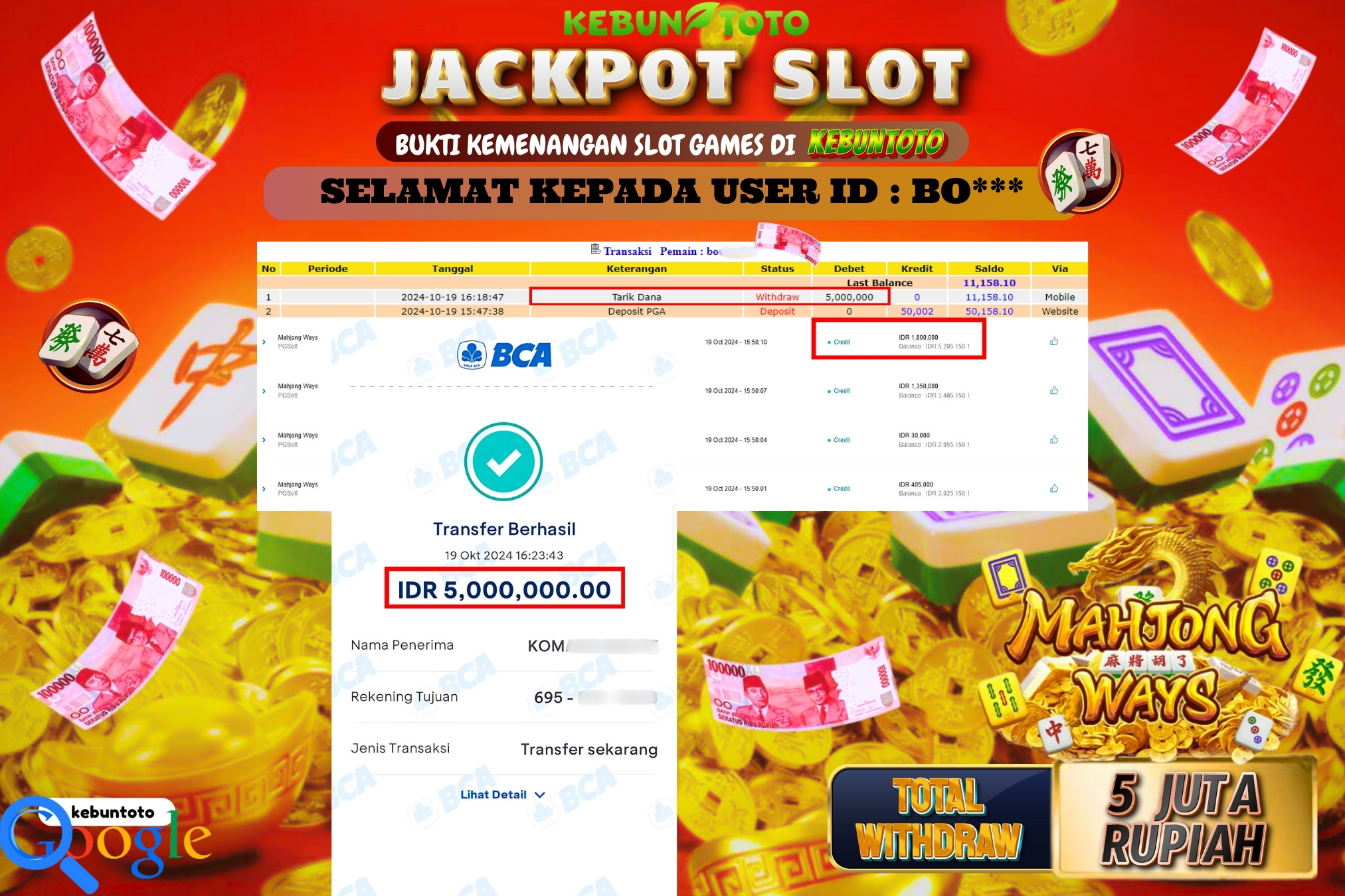 KEBUNTOTO JACKPOT SLOT MAHJONG WAYS Rp.5.000.000,- LUNAS