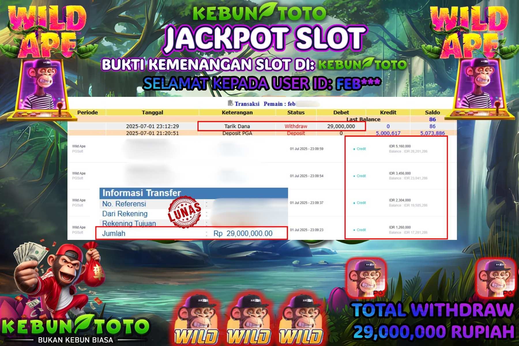 Bukti Kemenangan Rp 29.000.000 SLOT WILD APE DI KEBUNTOTO!