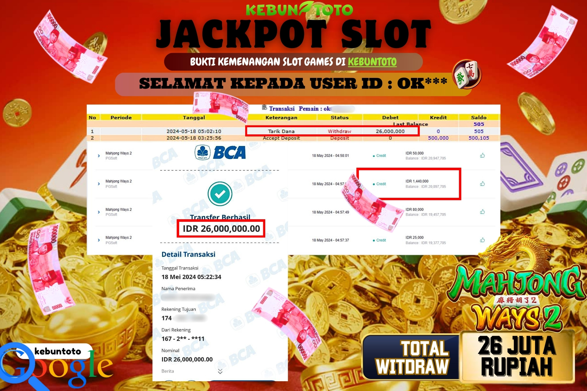 KEBUNTOTO JACKPOT SLOT MAHJONG WAYS 2 Rp.26.000.000,- LUNAS