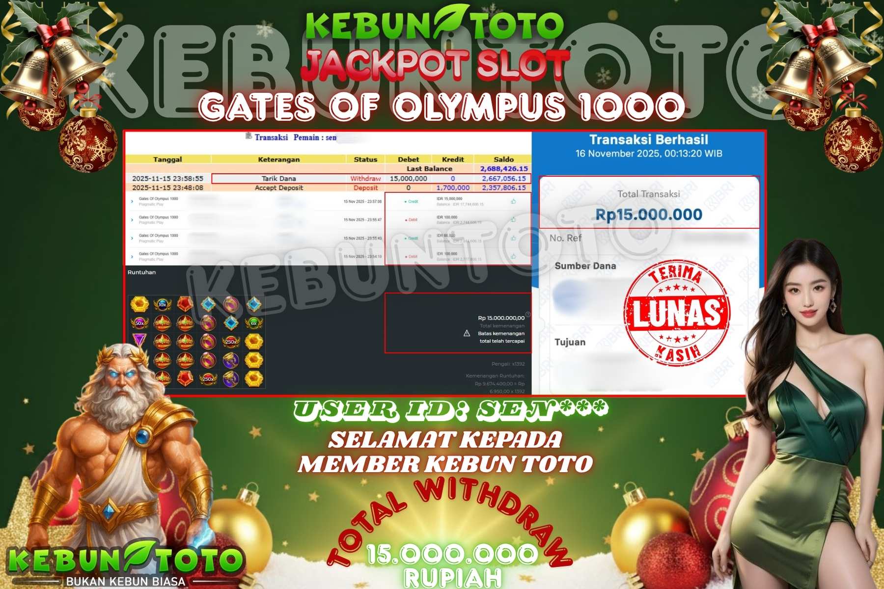 Bukti Kemenangan Rp 15.000.000 SLOT GATES OF OLYMPUS 1000 di KEBUNTOTO!