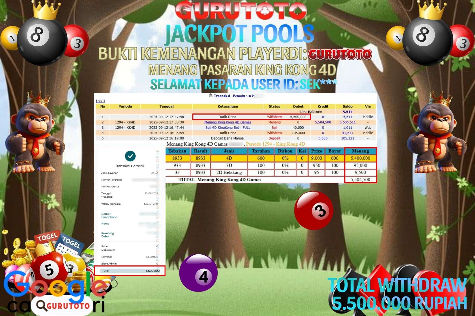 Bukti Kemenangan Rp 5.500.000 TOGEL KINGKONG 4D di GURUTOTO!