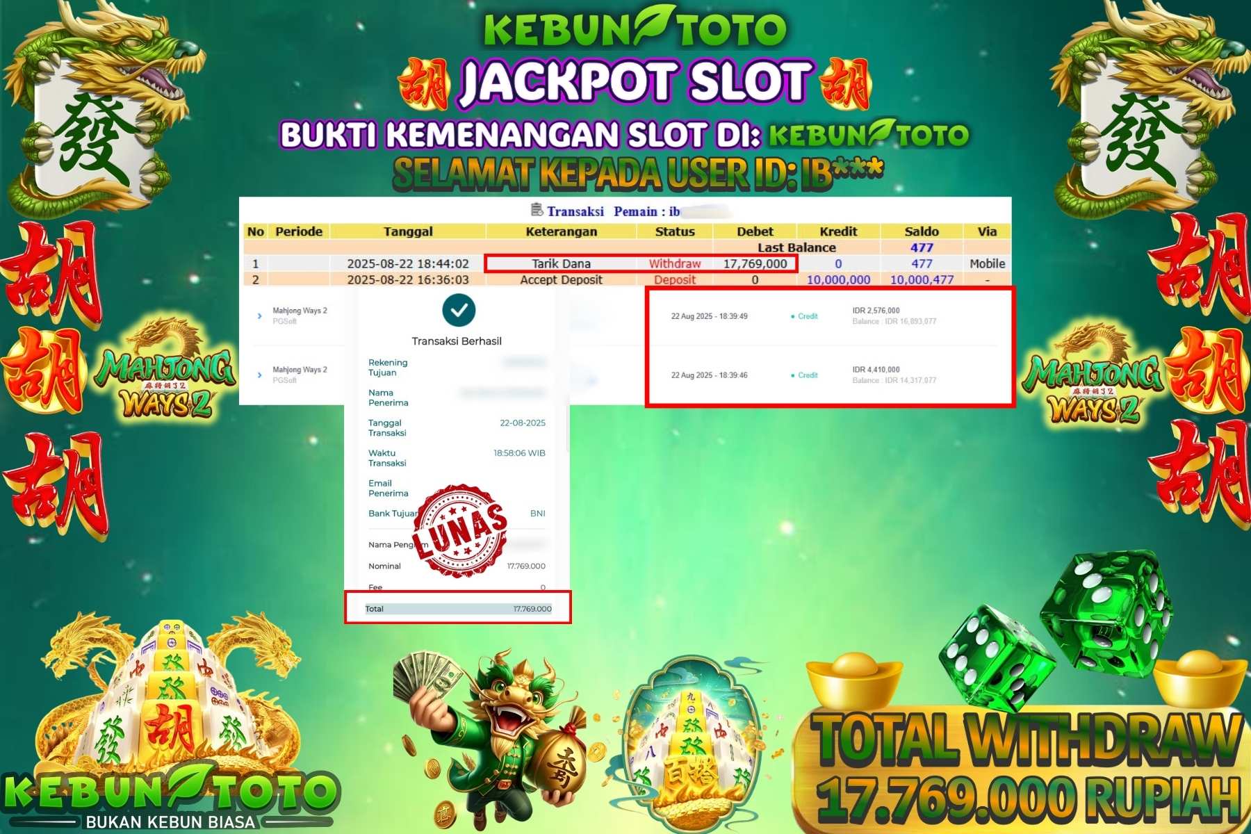 Bukti Kemenangan Rp 17.769.000 SLOT MAHJONG WAYS 2 di KEBUNTOTO!