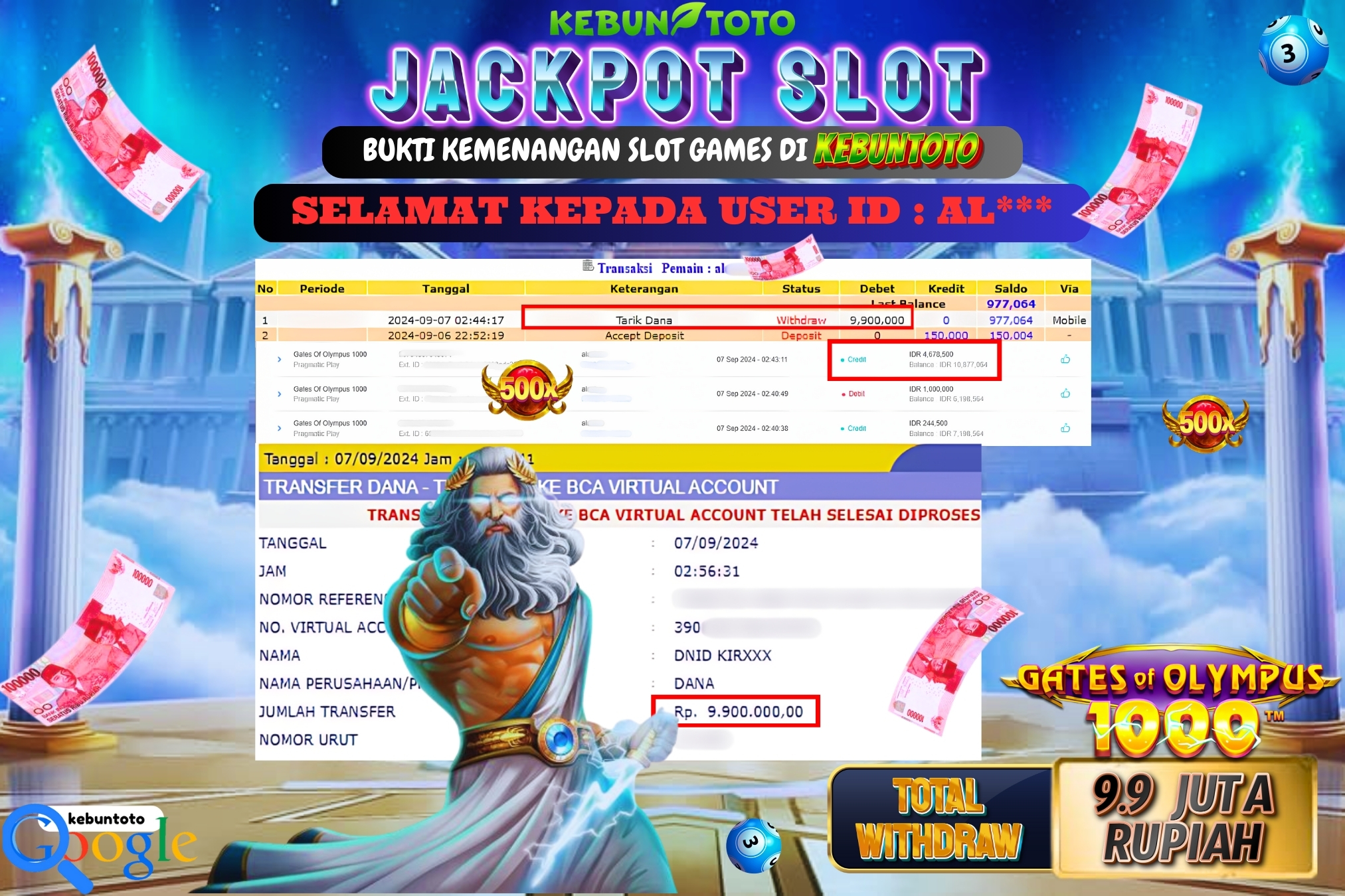 KEBUNTOTO JACKPOT SLOT GATES OF OLYMPUS 1000 Rp.9.900.000,- LUNAS