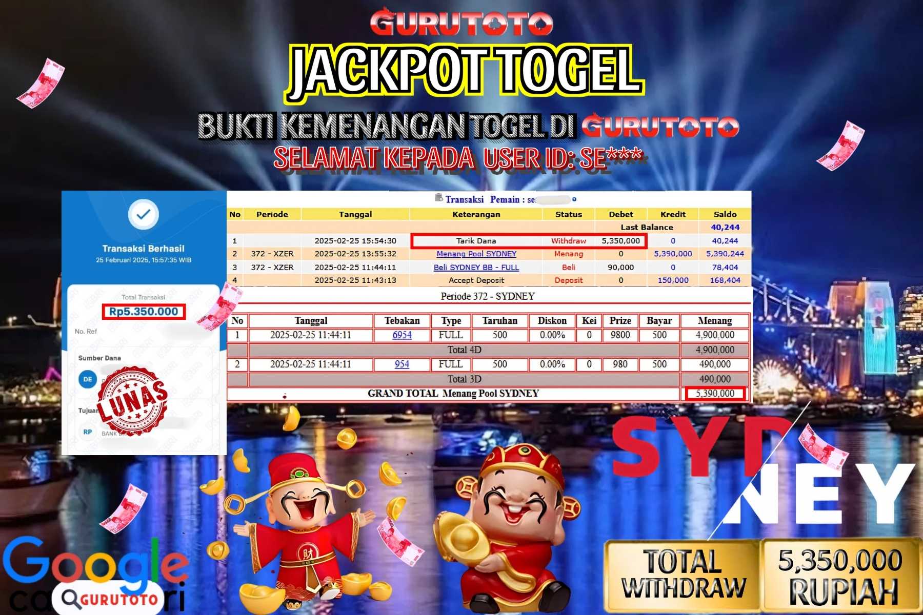 GURUTOTO JACKPOT, TOTO SYDNEY, Sebesar Rp 5.350.000,- LUNAS