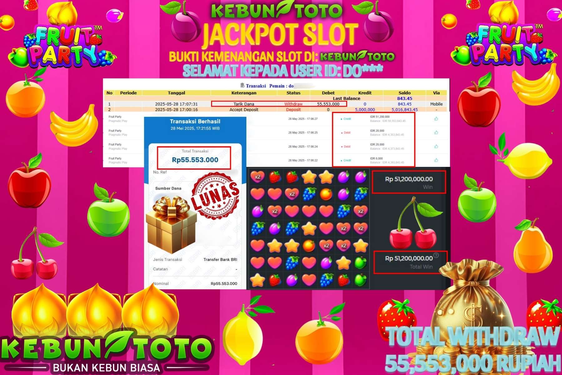 KEBUNTOTO JACKPOT SLOT FRUIT PARTY Rp 55.553.000,- LUNAS