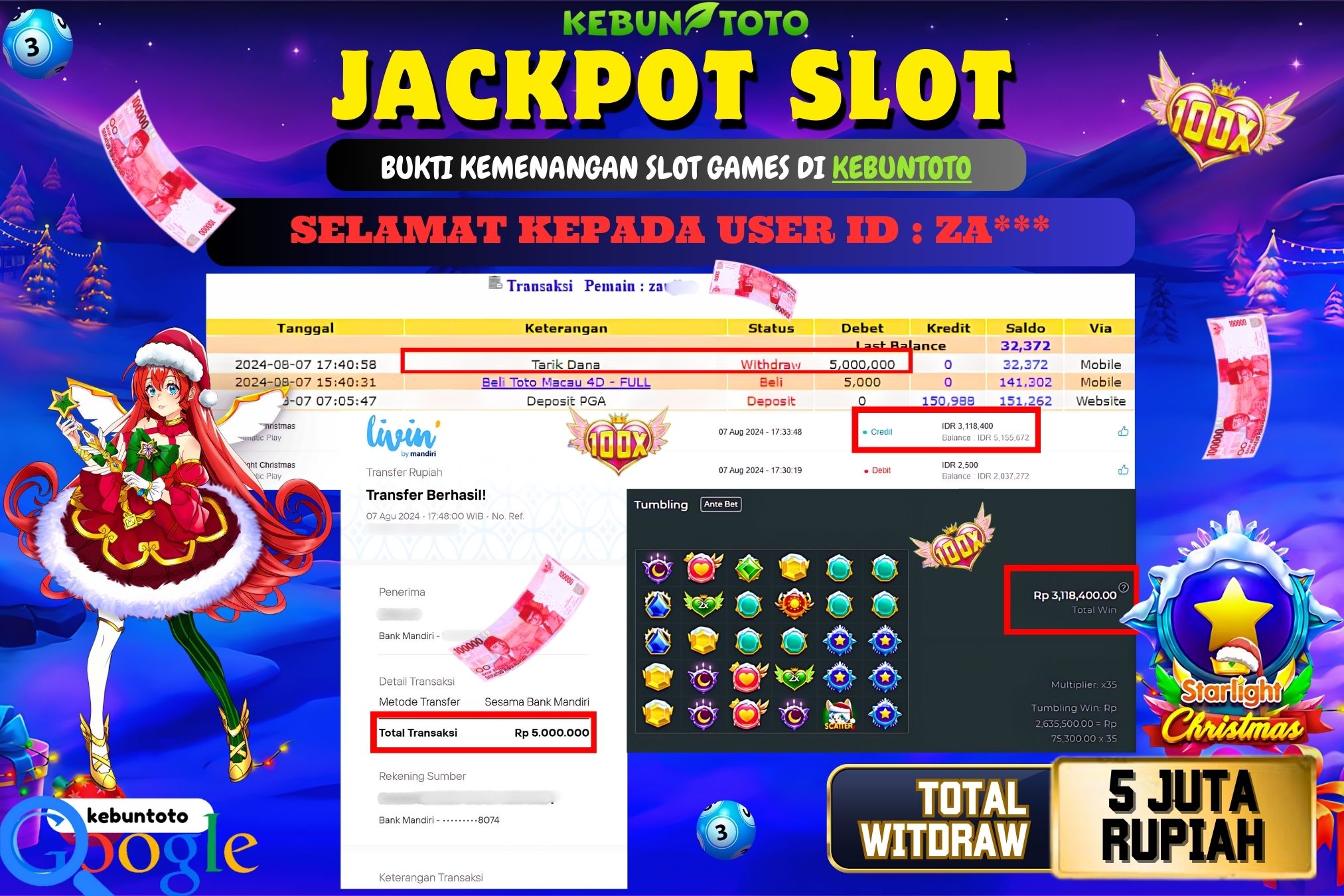 KEBUNTOTO JACKPOT SLOT STARLIGHT CHRISTMAS Rp.5.000.000,- LUNAS