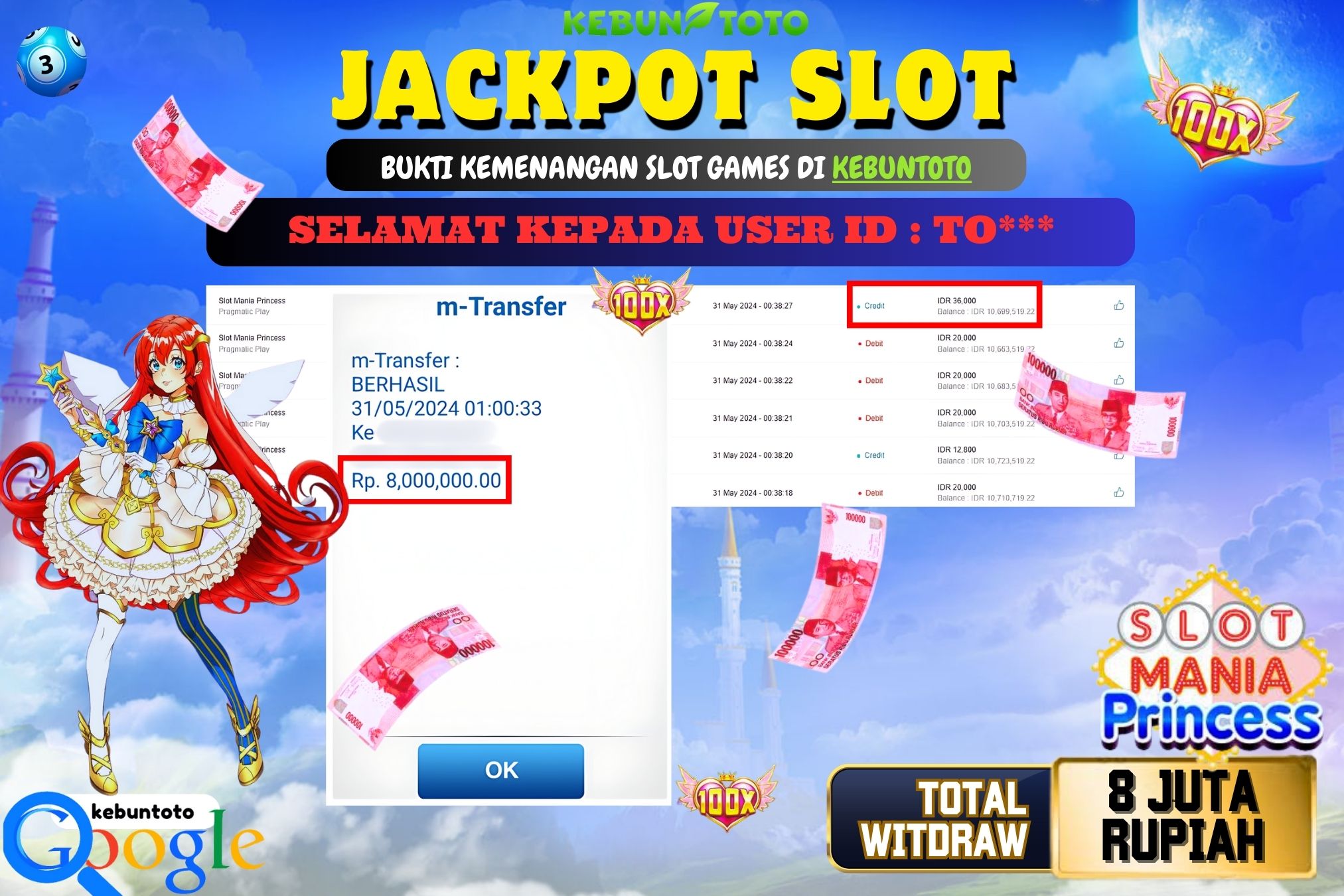 KEBUNTOTO JACKPOT SLOT MANIA PRINCESSS Rp.8.000.000,- LUNAS