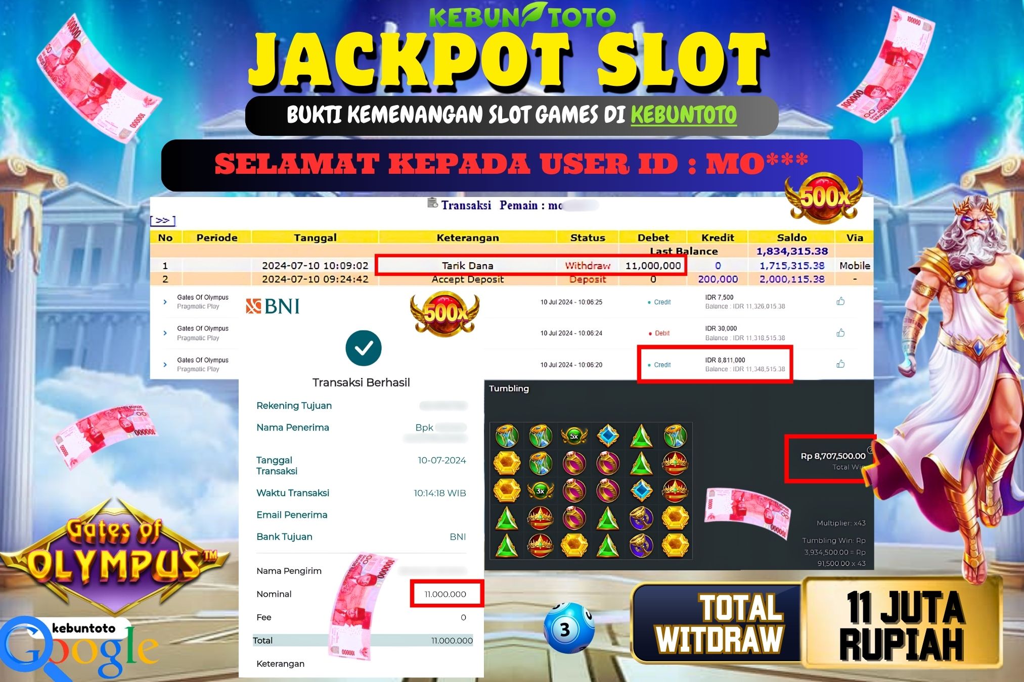 KEBUNTOTO JACKPOT SLOT GATES OF OLYMPUS Rp.11.000.000,- LUNAS