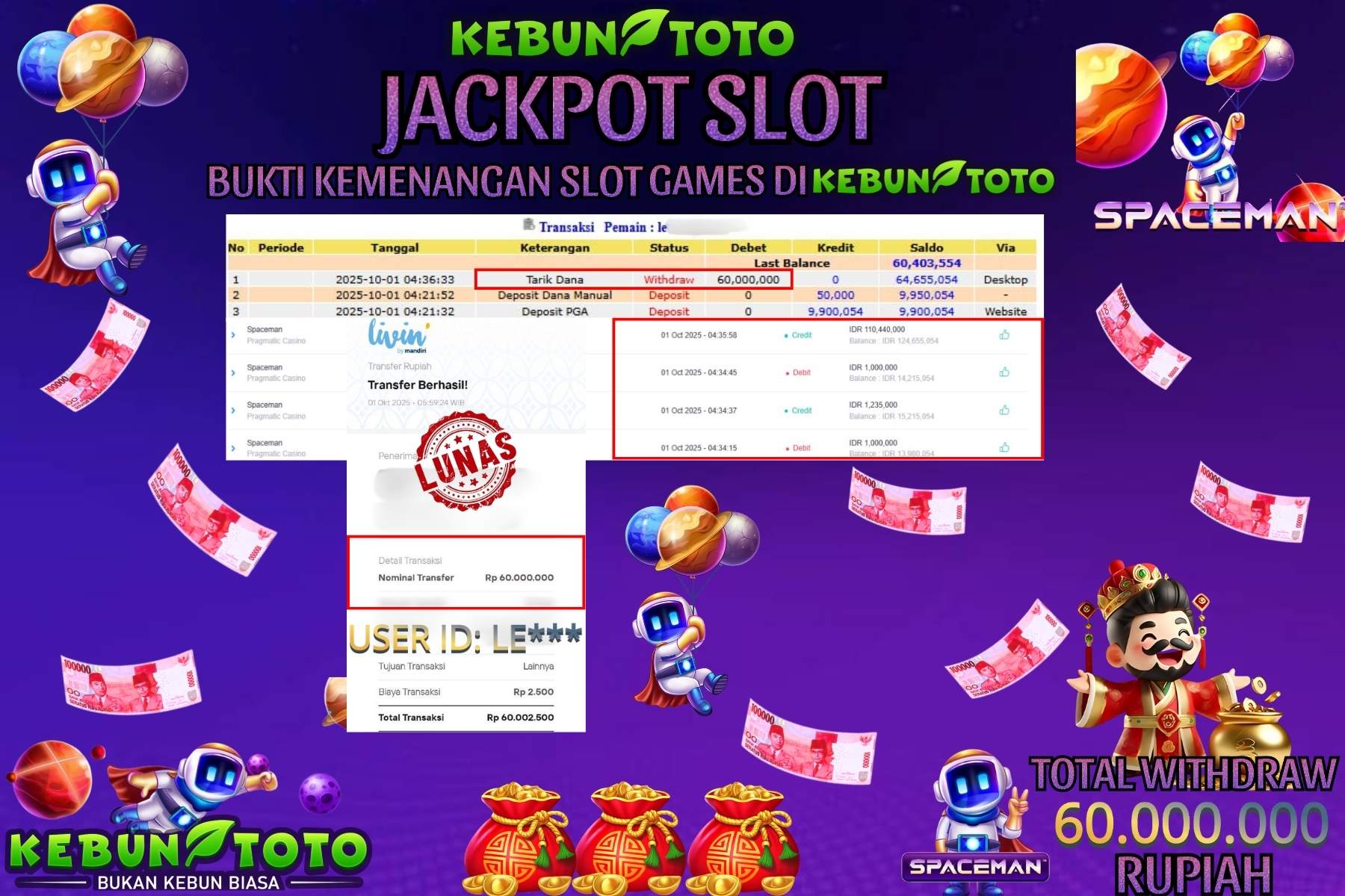 Bukti Kemenangan Rp 60.000.000 SLOT SPACEMAN di KEBUNTOTO!