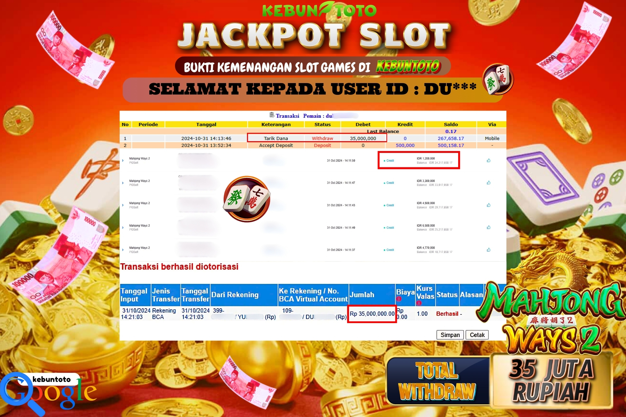 KEBUNTOTO JACKPOT SLOT MAHJONG WAYS 2 Rp.35.000.000,- LUNAS