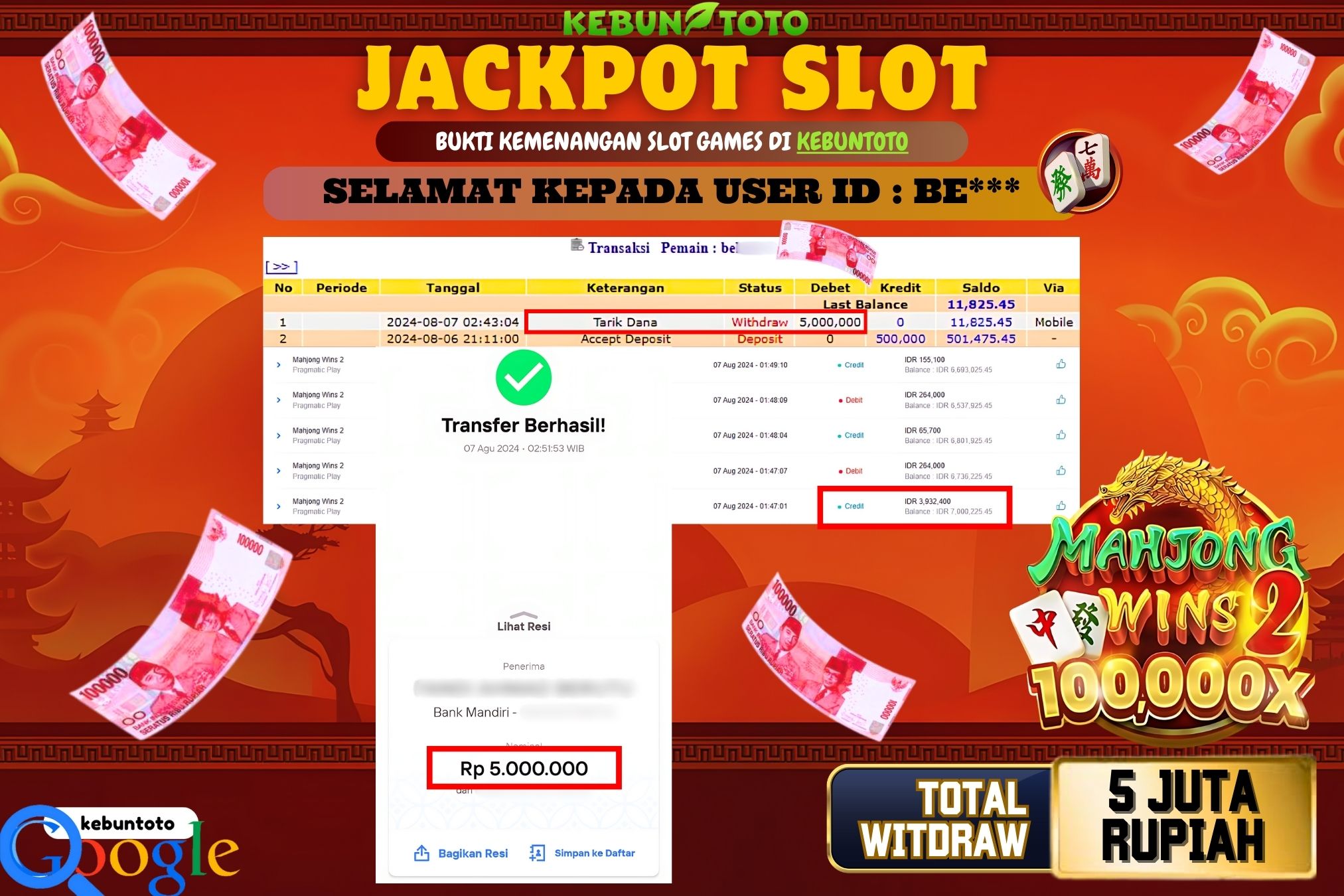 KEBUNTOTO JACKPOT SLOT MAHJONG WINS 2 Rp.5.000.000,- LUNAS