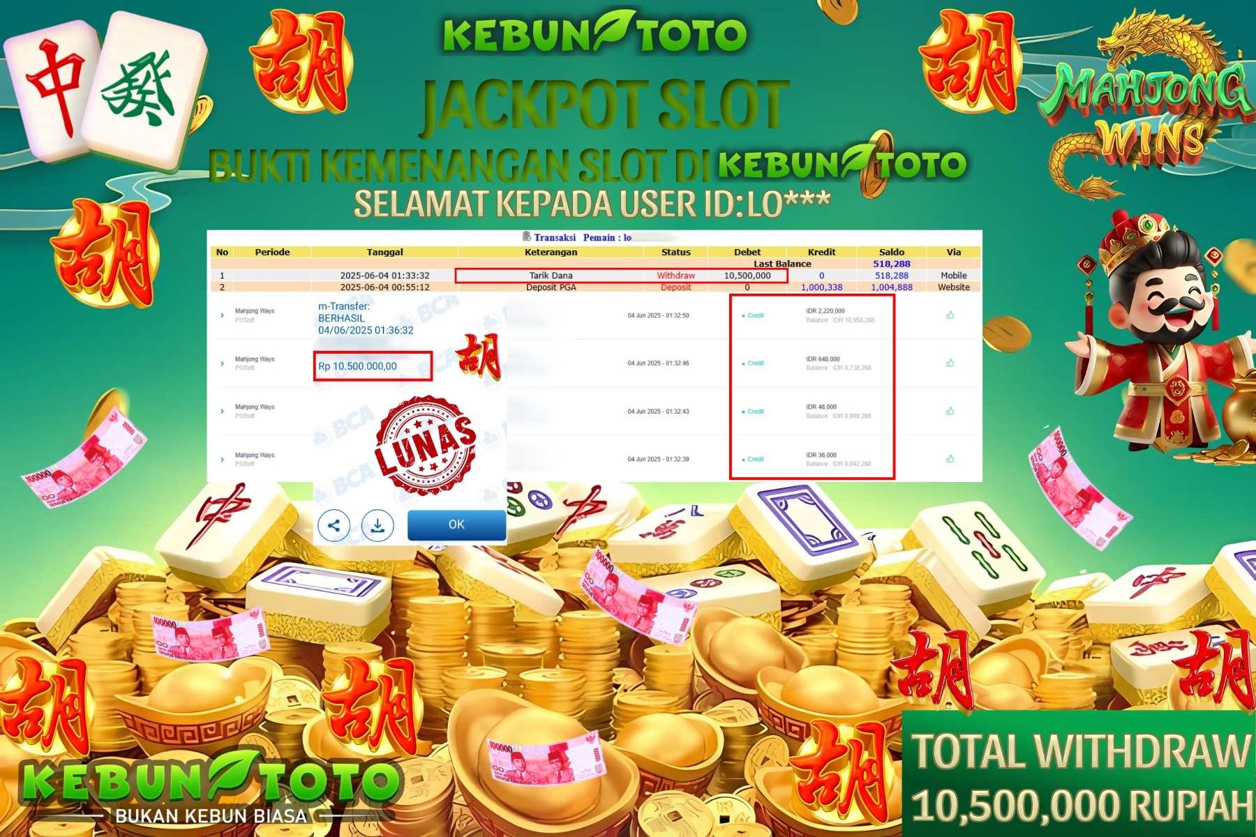 KEBUNTOTO JACKPOT SLOT MAHJONG WAYS Rp 10.500.000,- LUNAS