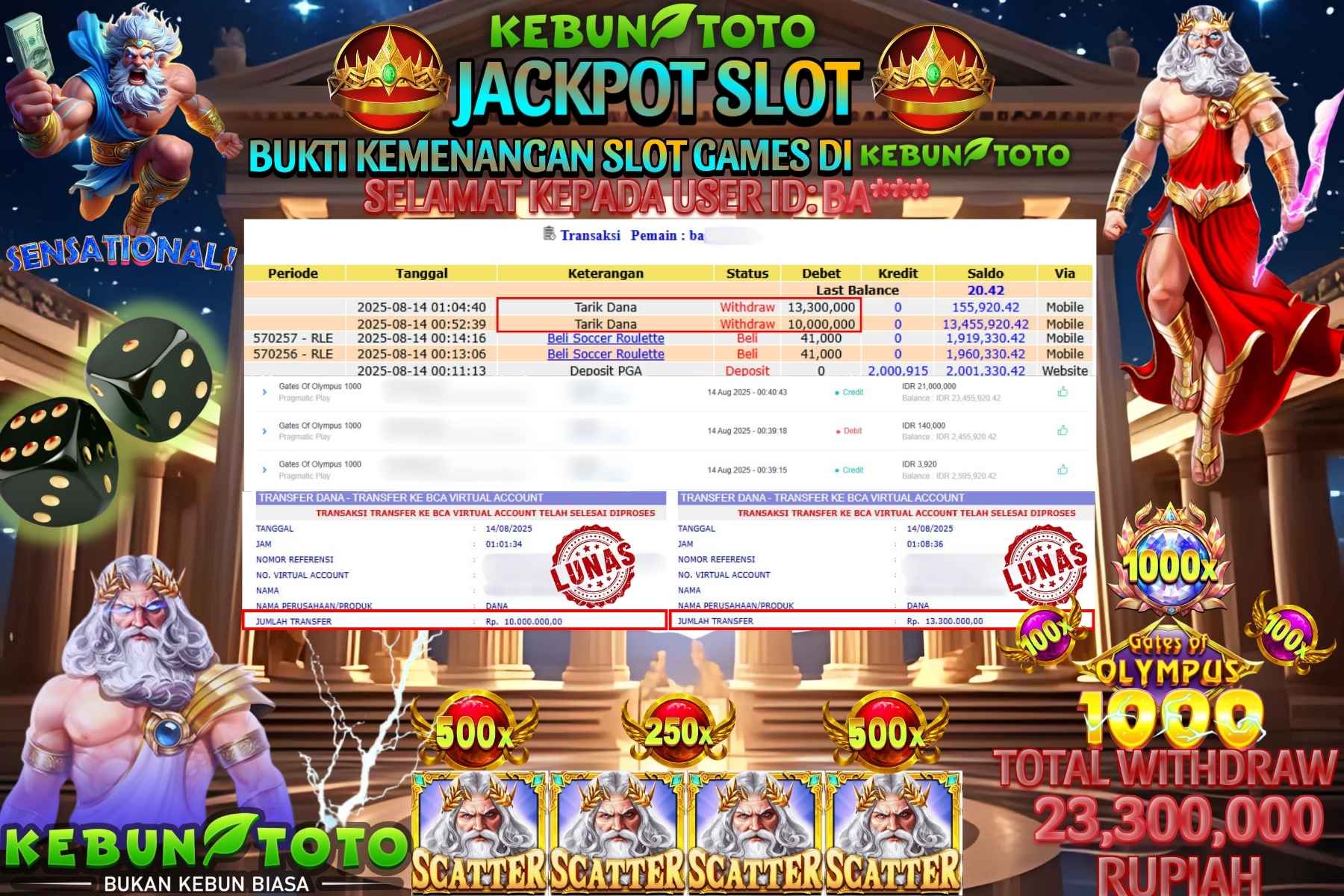 Bukti Kemenangan Rp 23.300.000 SLOT GATES OF OLYMPUS 1000 di KEBUNTOTO!