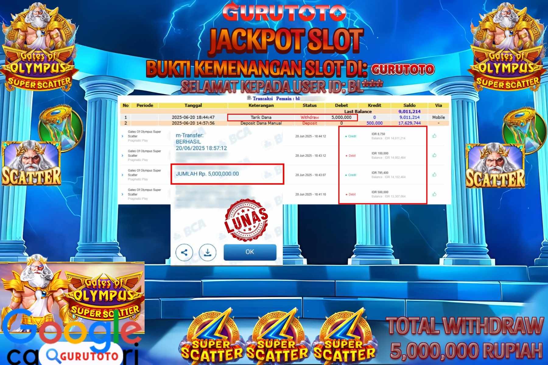 Bukti Kemenangan Rp 5.000.000 SLOT GATES OF OLYMPUS SUPER SCATTER di GURUTOTO!